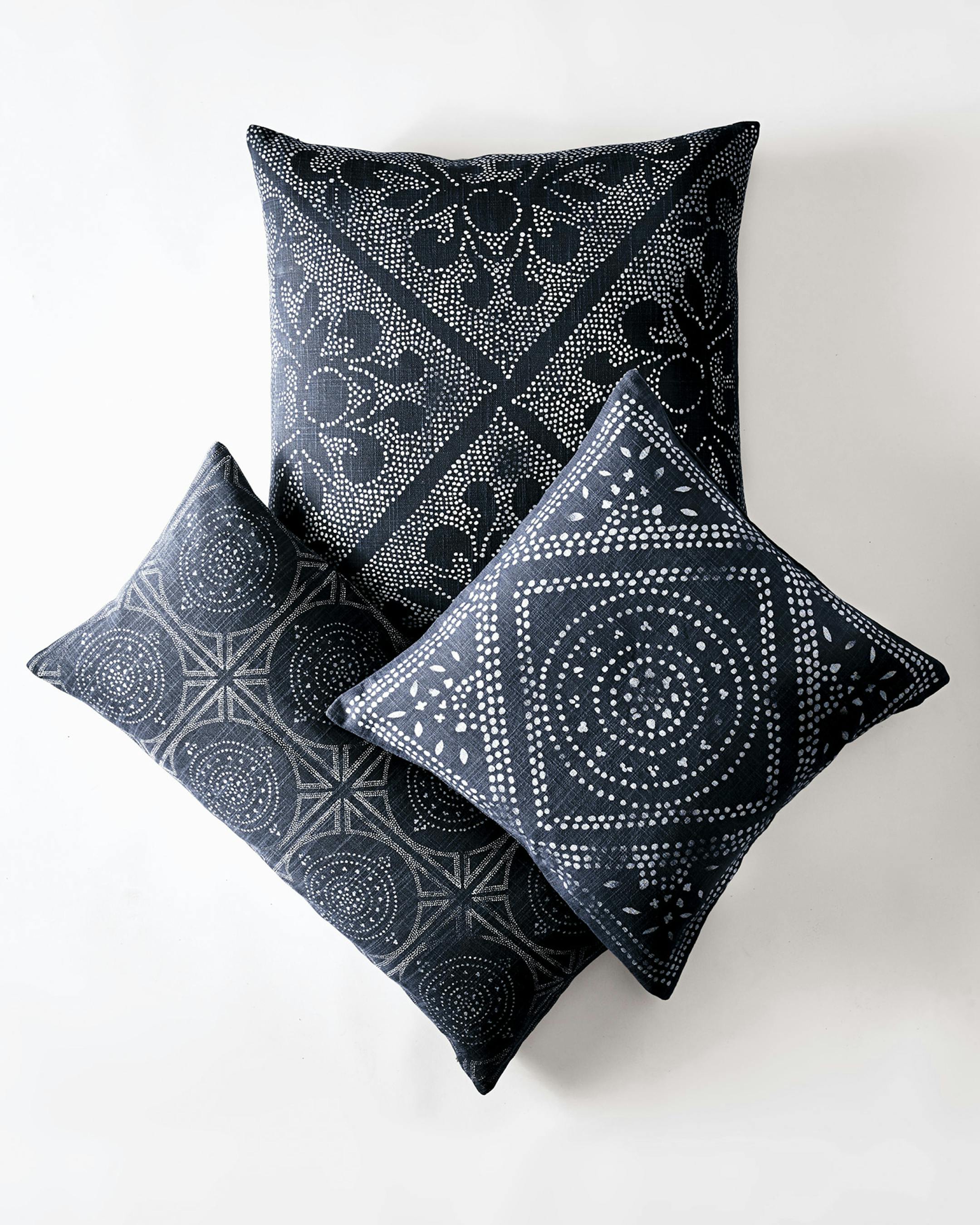 A nod to traditional Hmong fabrics, Serena & Lily's interpretation is on slubby cotton with a deep indigo ground to lend a modern edge. Screen printing recalls the look of a good batik, creating variations that make each handcrafted pillow unique. Camille pillow covers are shown in Mosaic, Diamond and Scroll patterns, from $68 to $78. (Serena & Lily) ORG XMIT: 1174924