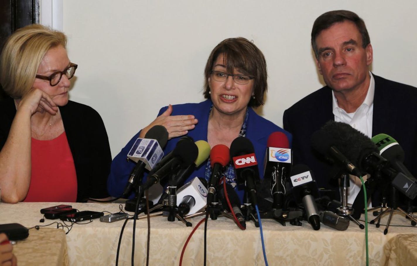 Senator Amy Klobuchar of Minnesota speaks during a press conference with fellow senators Claire McCaskill of Missouri, left, and Mark Warner of Virginia in Havana, Cuba, Tuesday, Feb. 17, 2015. The delegation is in Cuba in support of a bill Klobuchar is sponsoring to lift the U.S. trade embargo on Cuba. According to the senators, a new round of negotiations to restore full diplomatic ties with Cuba will take place next week in Washington.