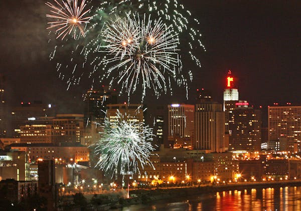 A July 2008 fireworks display over downtown St. Paul.