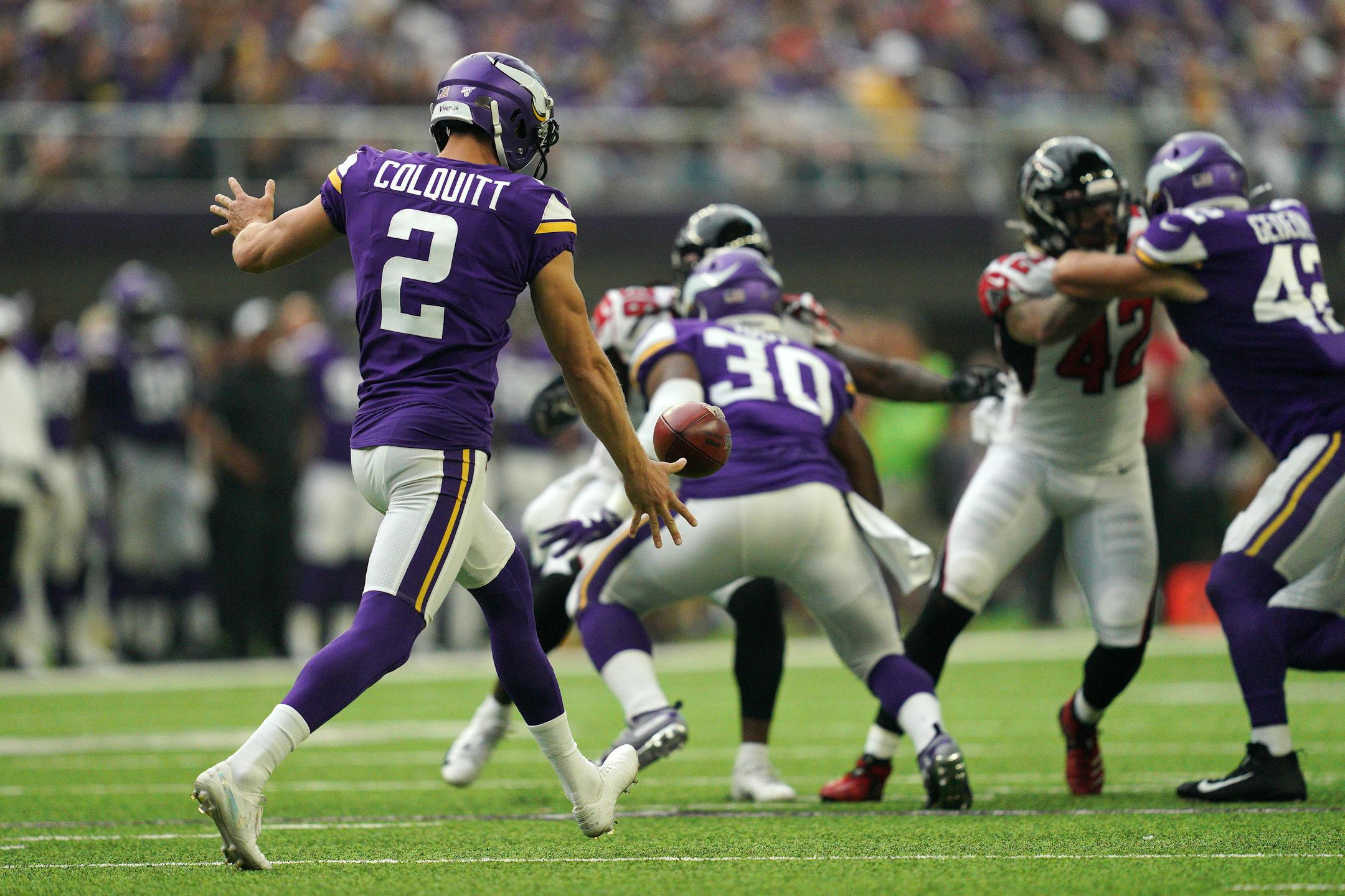 Minnesota Vikings punter Britton Colquitt (2) punted the ball down field in the first half. ] ANTHONY SOUFFLE • anthony.souffle@startribune.com The Minnesota Vikings played the Atlanta Falcons in their NFL season opener Sunday, Sept. 8, 2019 at U.S. Bank Stadium in Minneapolis.