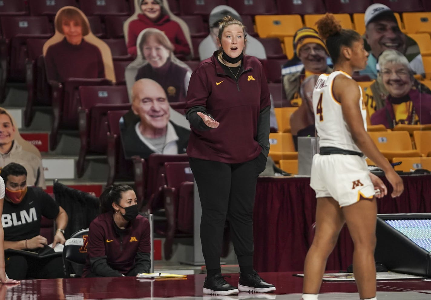 Minnesota Gophers head coach Lindsay Whalen in the first half. ] RENEE JONES SCHNEIDER renee.jones@startribune.com University of Minnesota Gophers women's basketball hosted Drake University at William's Arena in Minneapolis, Minn., on Sunday, December 6, 2020.