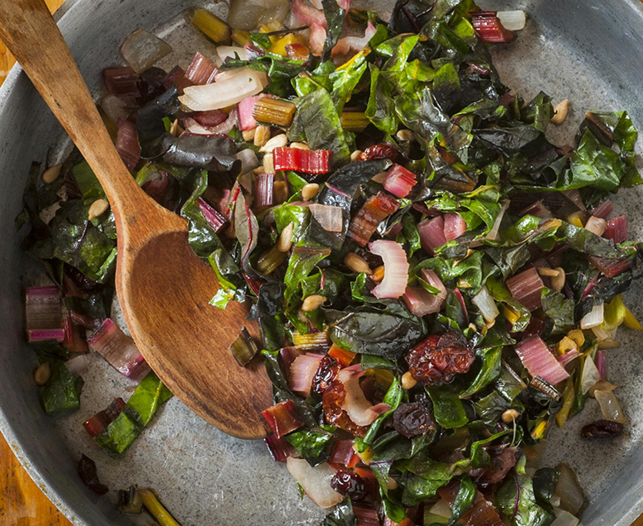 Sauteed Chard with Garlic, Dried Cranberries and Sunflower Seeds