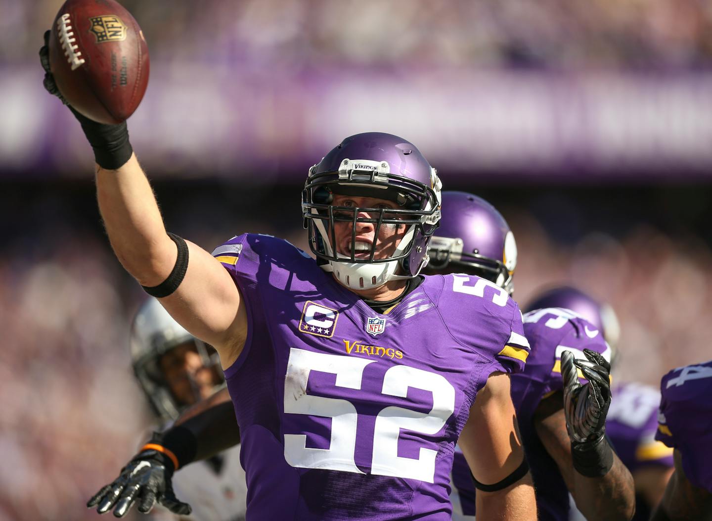 Vikings outside linebacker Chad Greenway (52) intercepted a fourth quarter pass and ran it back 91 yards for a touchdown Sunday afternoon. ] JEFF WHEELER � jeff.wheeler@startribune.com The Minnesota Vikings beat the San Diego Chargers 31-14 in an NFL football game Sunday afternoon, September 27, 2015 at TCF Bank Stadium in Minneapolis.