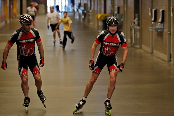Roller-bladers made their way around the lower concourse of the Metrodome.