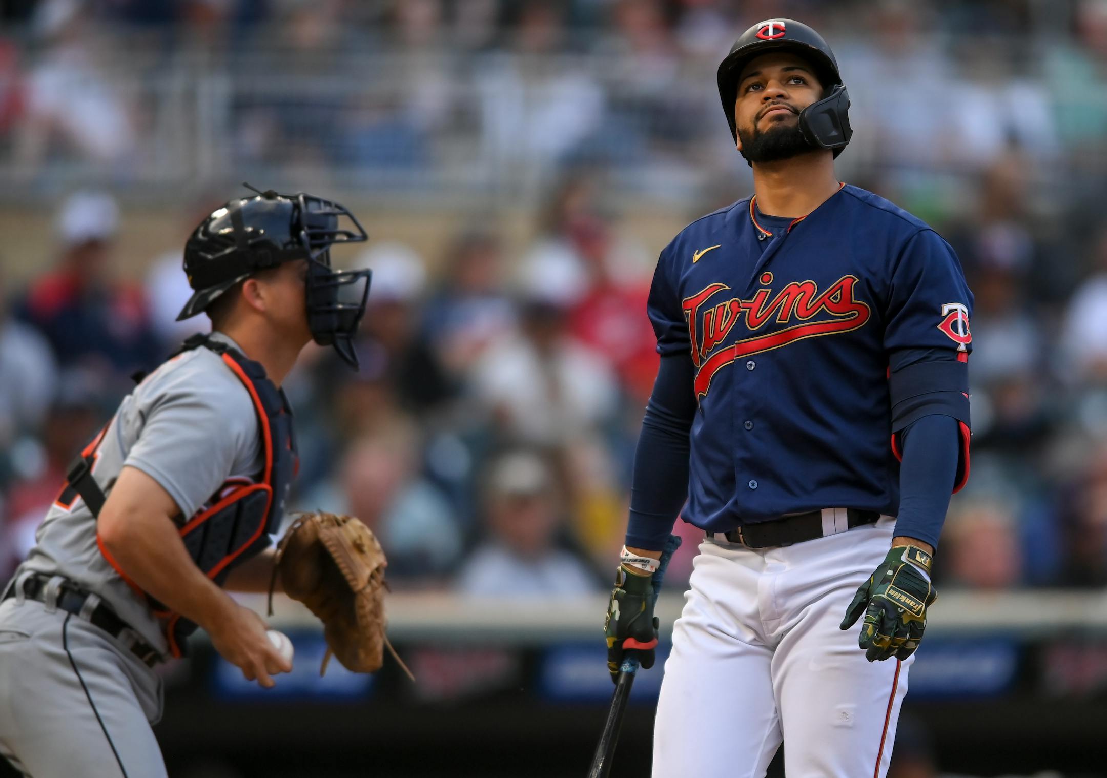 Minnesota Twins center fielder Gilberto Celestino (79) was struck out swinging in the bottom of the third inning against the Detroit Tigers.