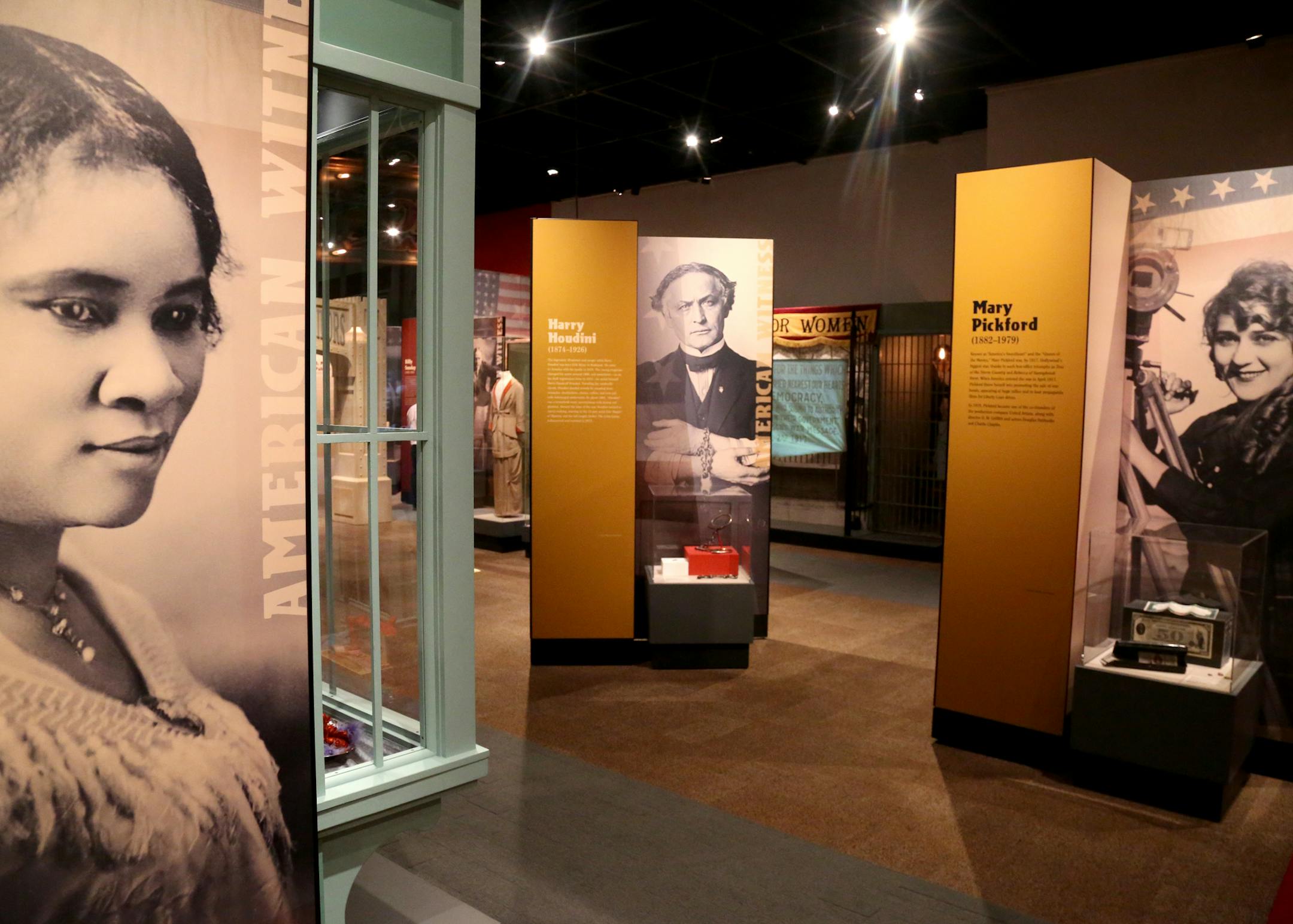 A behind-the-scenes look at the Minnesota History Center's new World War I exhibit, set to open Saturday in St. Paul and may become a traveling exhibit. Here, Madam C.J. Walker, left to right, Harry Houdini and Mary Pickford were among the important American figures during the time of WWI and depicted in the exhibit Tuesday, April 4, 2017, in St. Paul, MN.] DAVID JOLES ï david.joles@startribune.com A behind-the-scenes look at the Minnesota History Center's new World War I exhibit, set to op