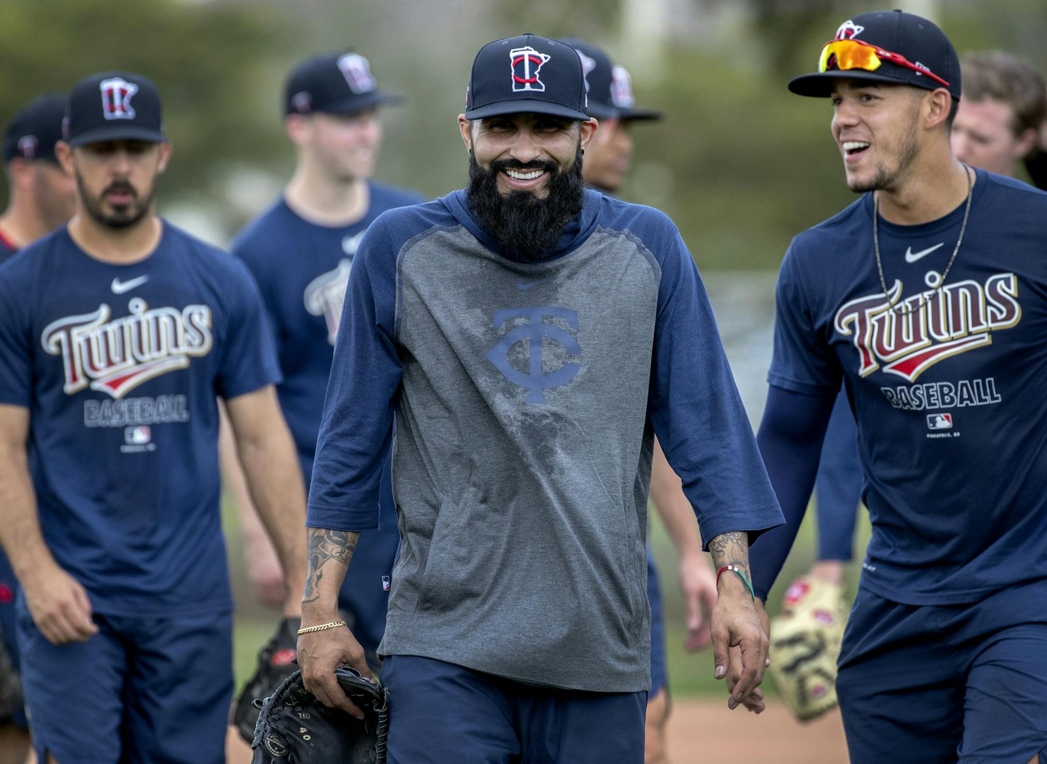 Minnesota Twins pitcher Sergio Romo joked with teammates during practice.