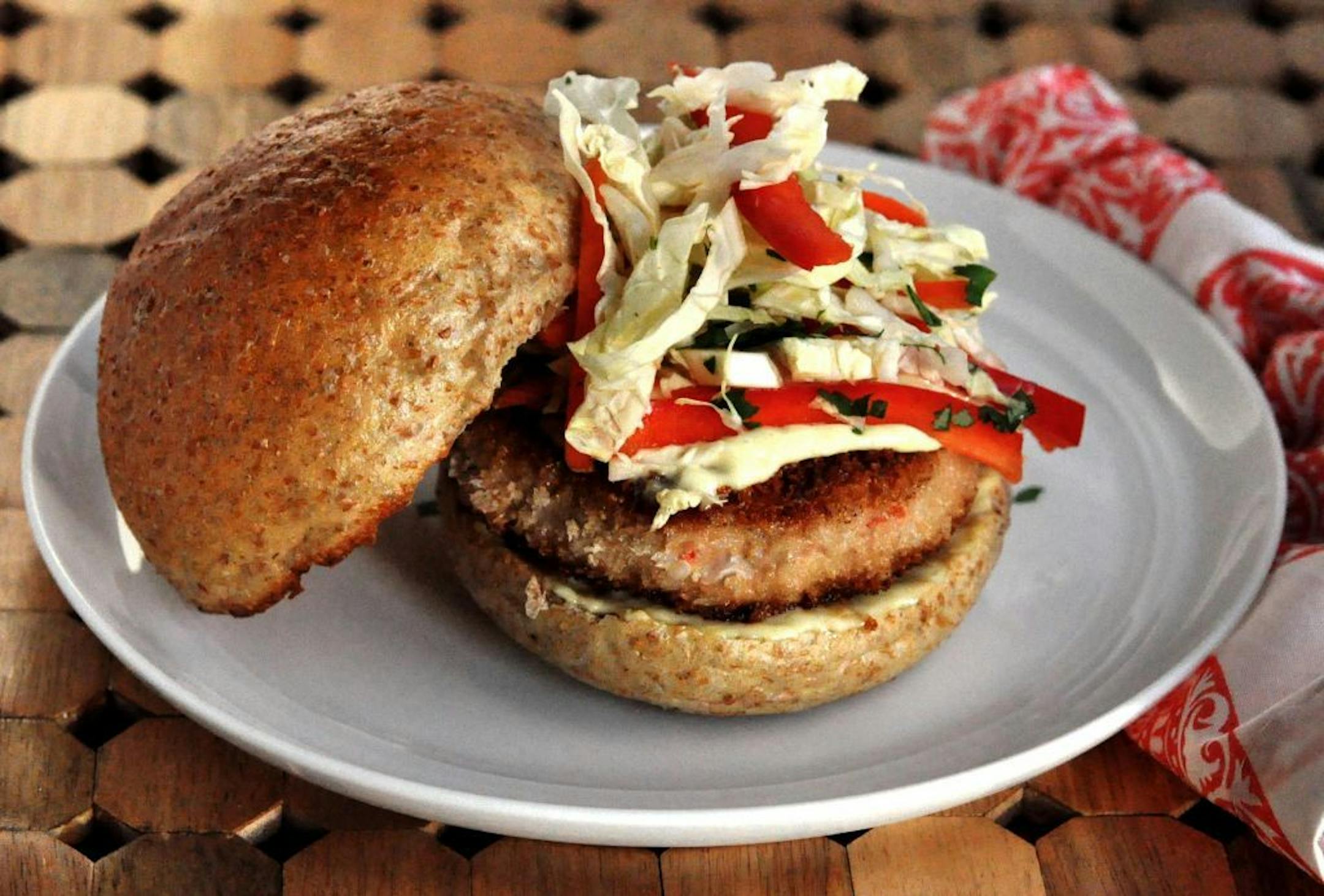 Tuna Burgers with Wasabi Aioli and Asian Coleslaw