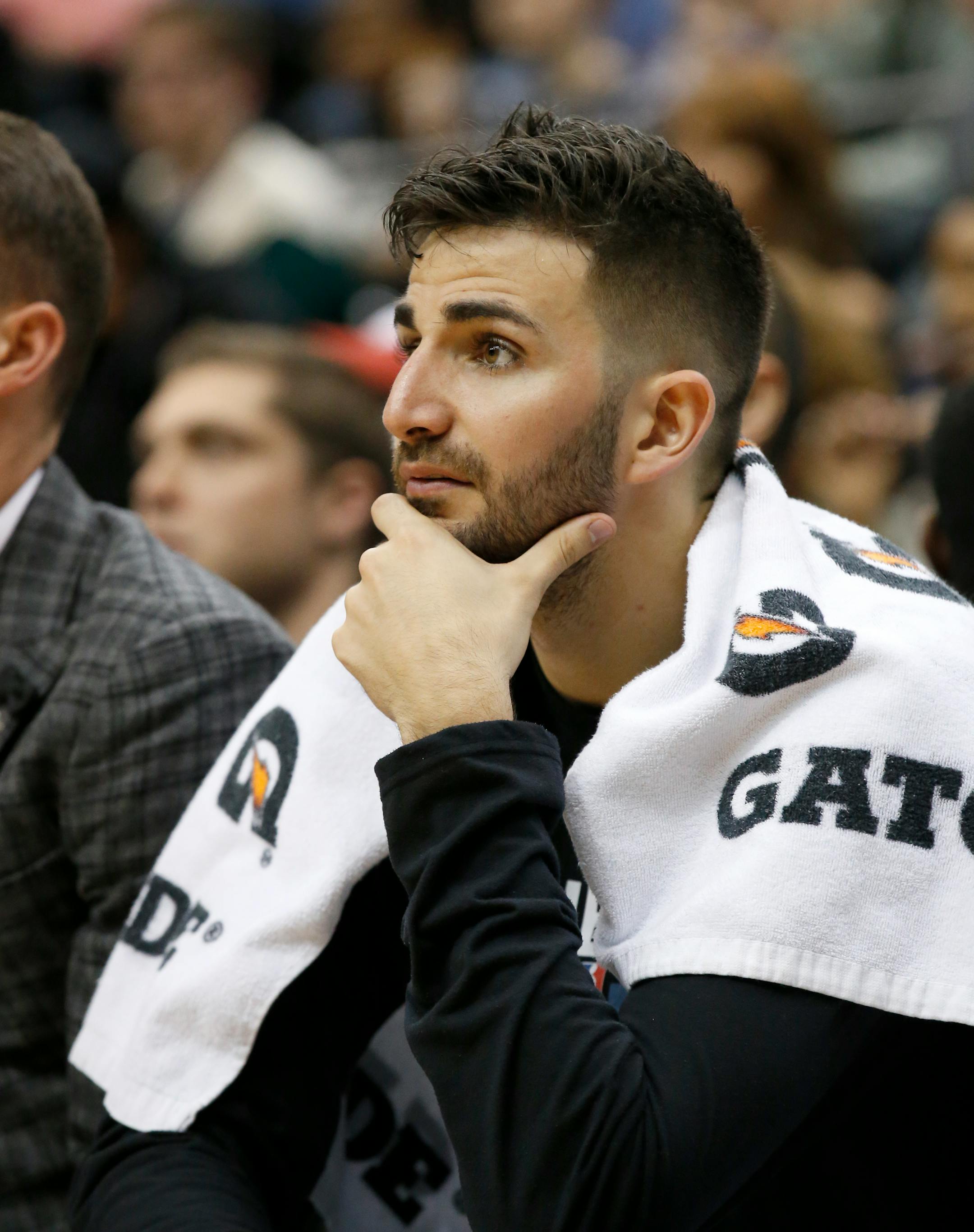 Minnesota Timberwolves guard Ricky Rubio watches from the bench during the second half of an NBA basketball game against the Los Angeles Clippers in Minneapolis, Wednesday, March 30, 2016. The Clippers won 99-79. (AP Photo/Ann Heisenfelt)