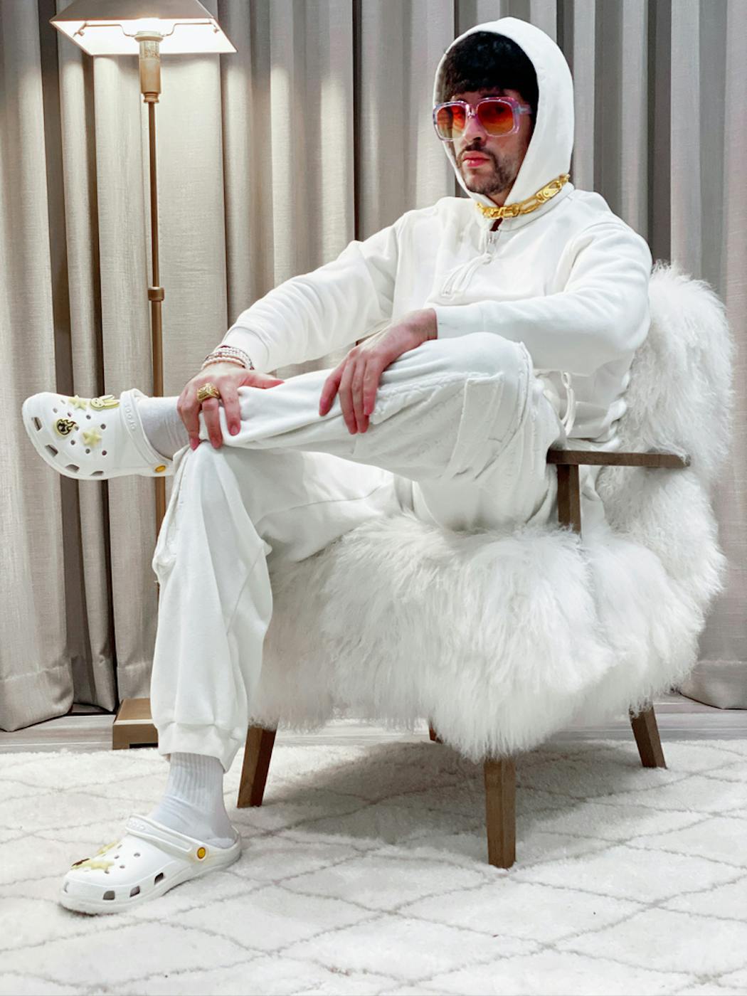 Bad Bunny in a promotional image for the sold-out Bad Bunny Crocs.