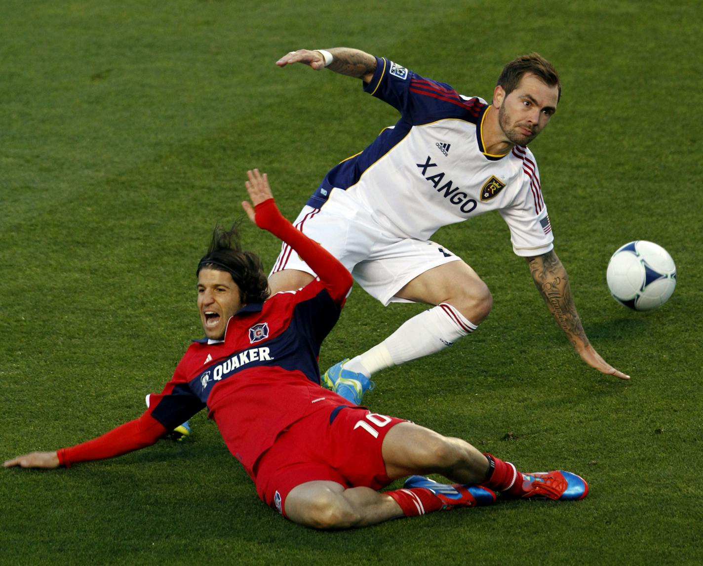 Jonny Steele, right, tripped up Chicago&#x2019;s Sebastian Grazzini during his time in MLS with Real Salt Lake in 2012.