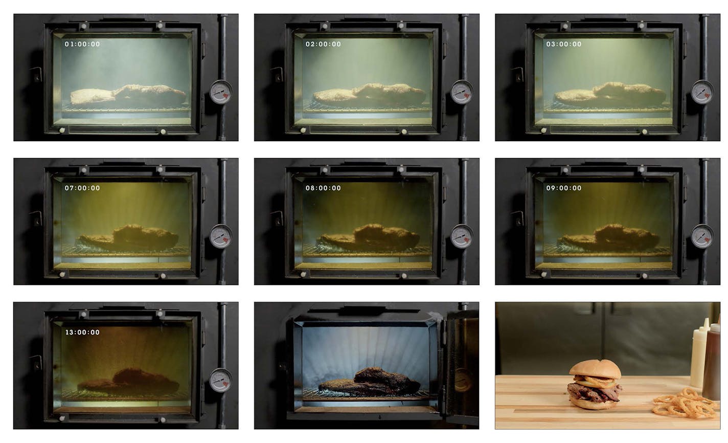 The 13-hour commercial follows the progress of Arby's brisket cooking process. This composite images shows the process, starting top left and ending, bottom right, with the finished product.