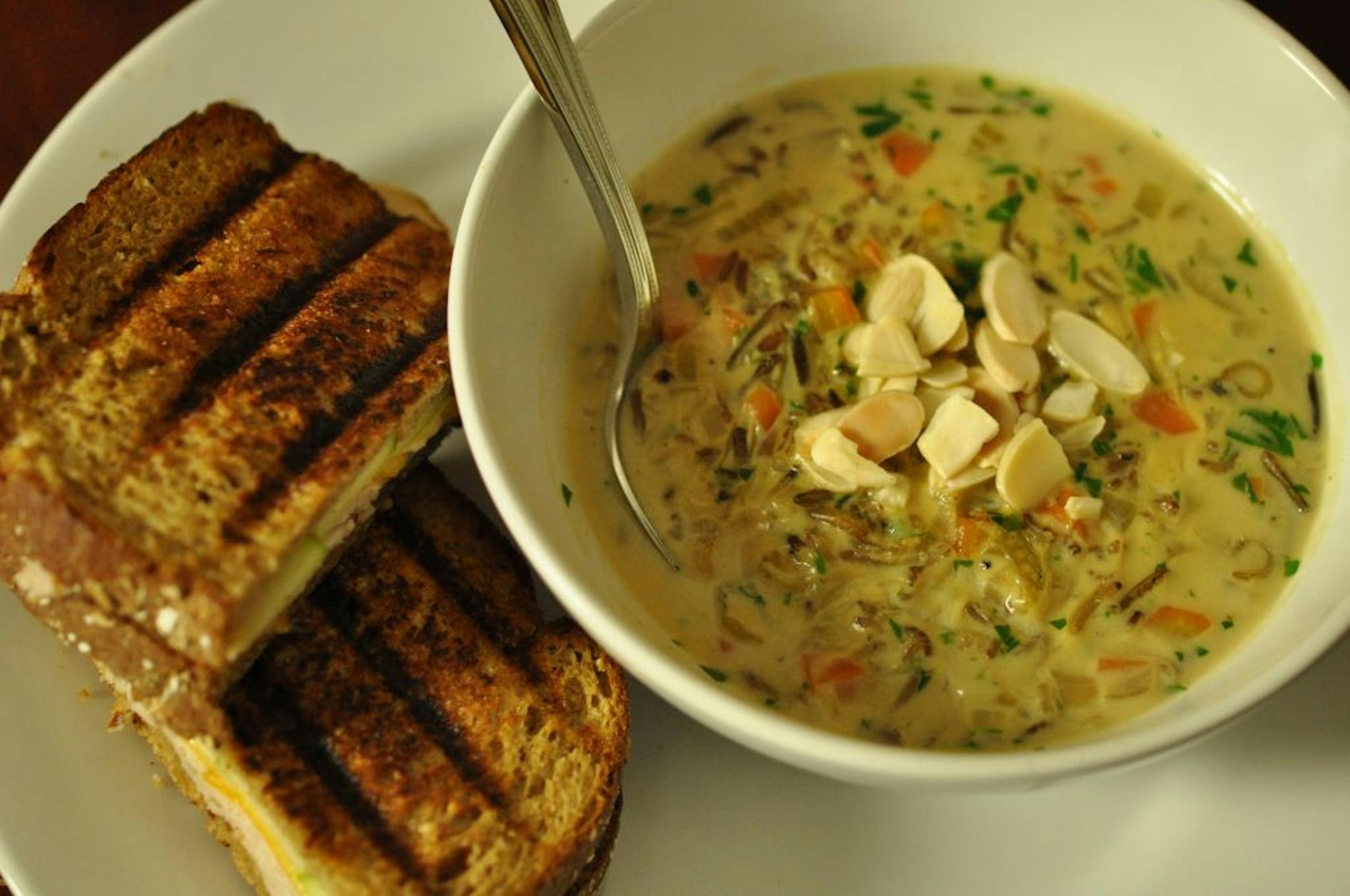 Turkey, Cheddar and Apple Panini and Creamy Wild Rice Soup.