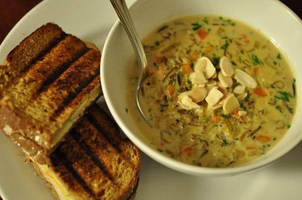 Turkey, Cheddar and Apple Panini and Creamy Wild Rice Soup.