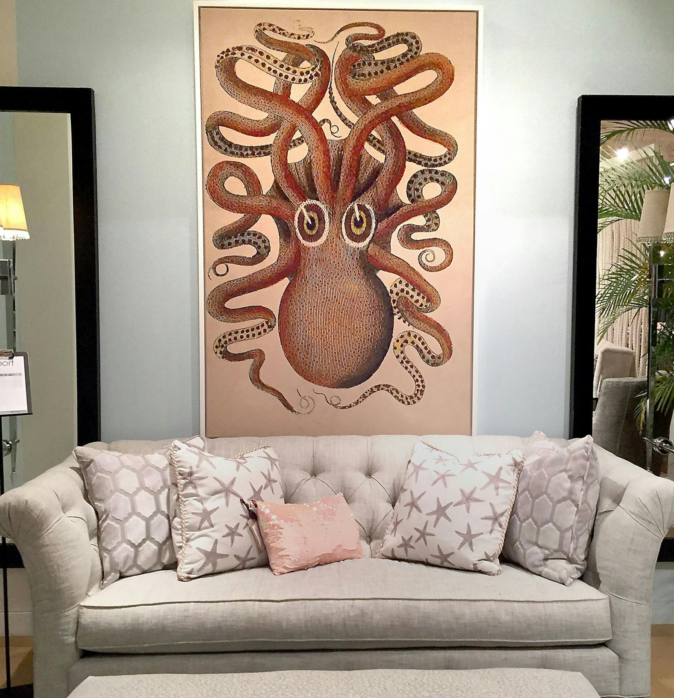 This cephalopod wall art hanging over the Norwalk Bridgeport sofa is by Kelly O'Neal for Design Legacy. It was created for Norwalk Furniture. (Patricia Sheridan/Pittsburgh Post-Gazette/TNS) ORG XMIT: 1186326
