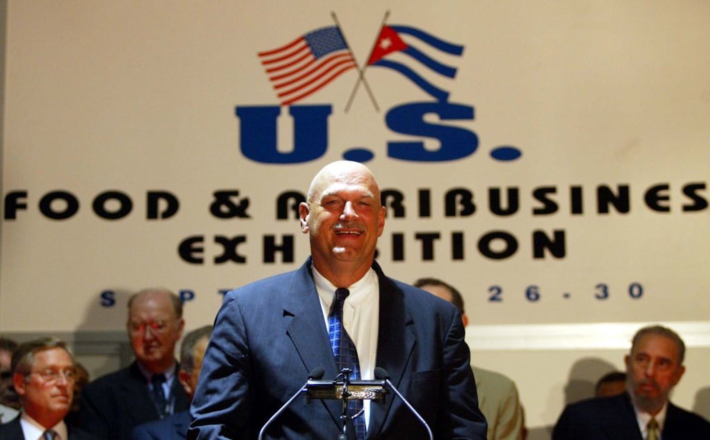 9/26/02 Havana, Cuba--- Minnesota Governor Jesse Ventura, speaks at the opening ceremonies at the U.S. Food and Agribusiness Exhibition in Havana, Cuba on Thursday. Pictured in the back right is Cuban president Fidel Castro.