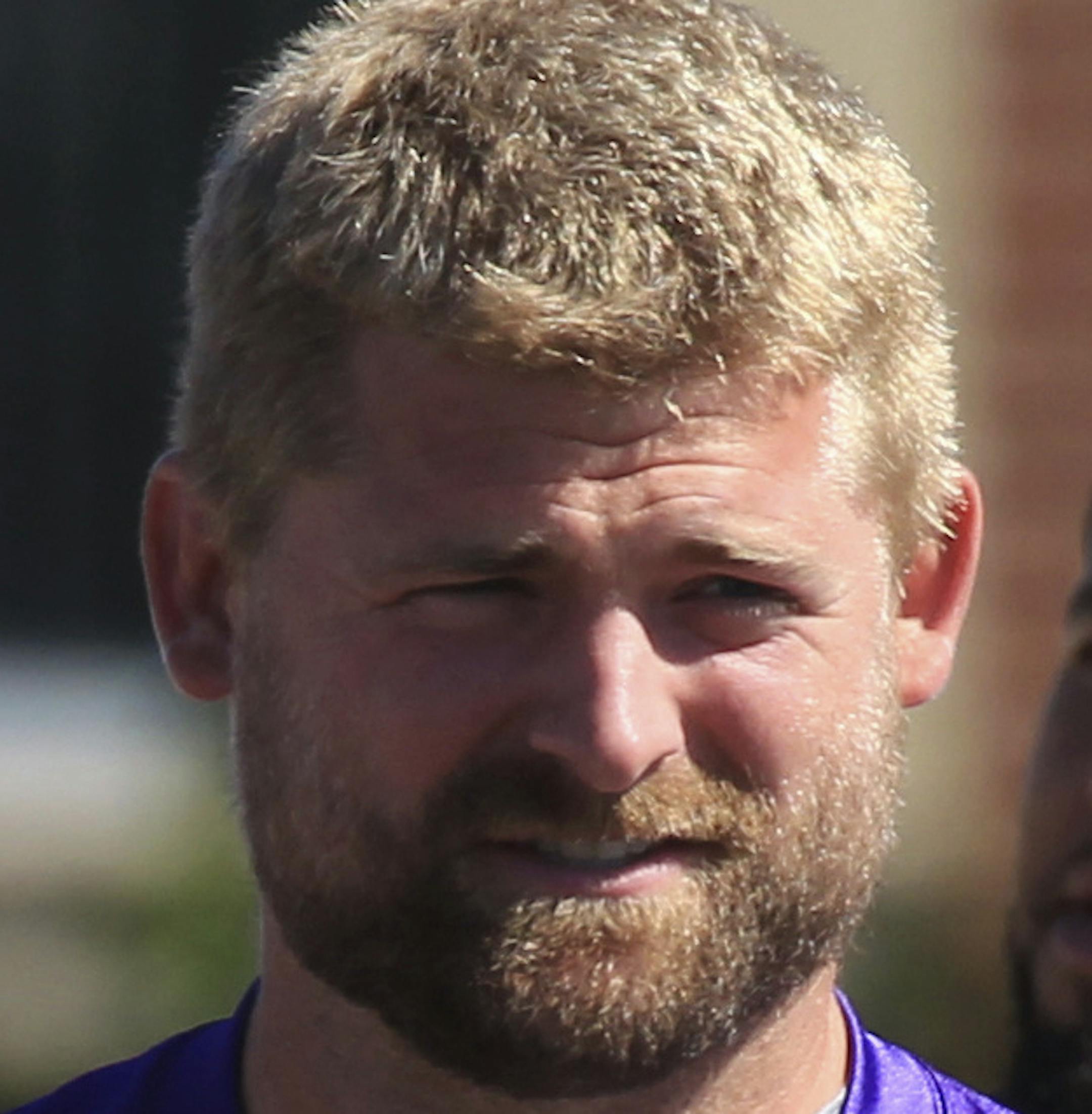 Minnesota Vikings center Joe Berger (61) walks to practice during NFL football training camp Thursday, July 27, 2017, in Mankato, Minn. (AP Photo/Andy Clayton-King)
