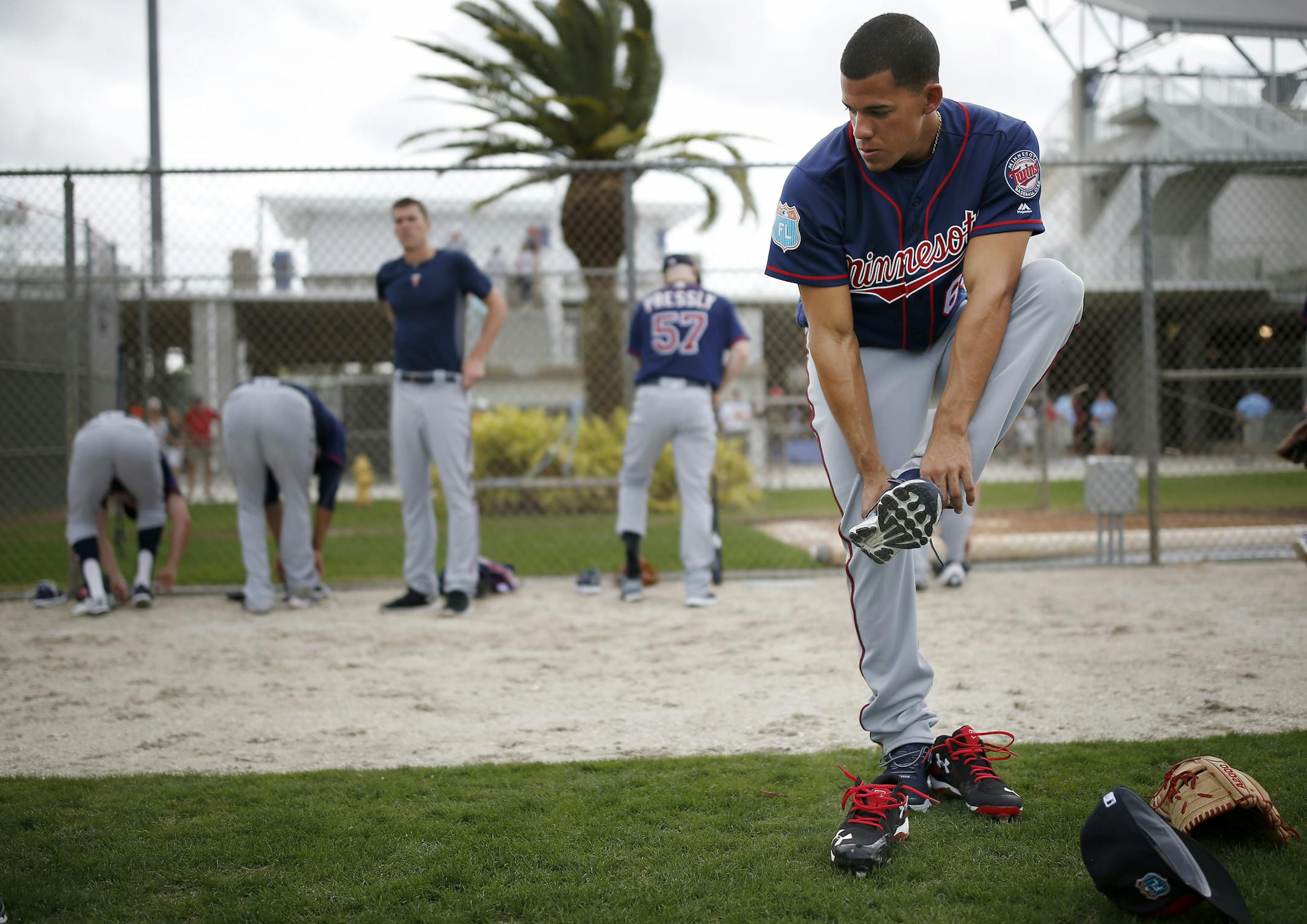 Minnesota Twins pitcher Jose Berrios (68) changed from cleats to running shoes during day 3 of spring training. ] CARLOS GONZALEZ cgonzalez@startribune.com - February 24, 2016, Fort Myers, FL, CenturyLink Sports Complex, Minnesota Twins Spring Training, MLB, Baseball, first practice for pitchers and catchers