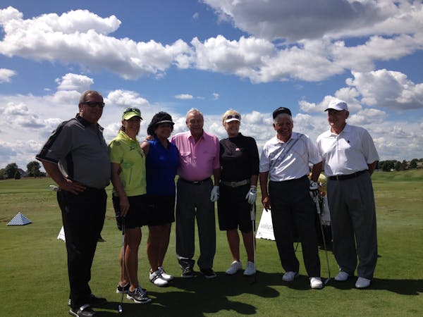 A collection of the greats of golf at the TPC Twin Cities driving range on Saturday. From left: Fuzzy Zoeller, Annika Sorenstam, Nancy Lopez, Arnold P