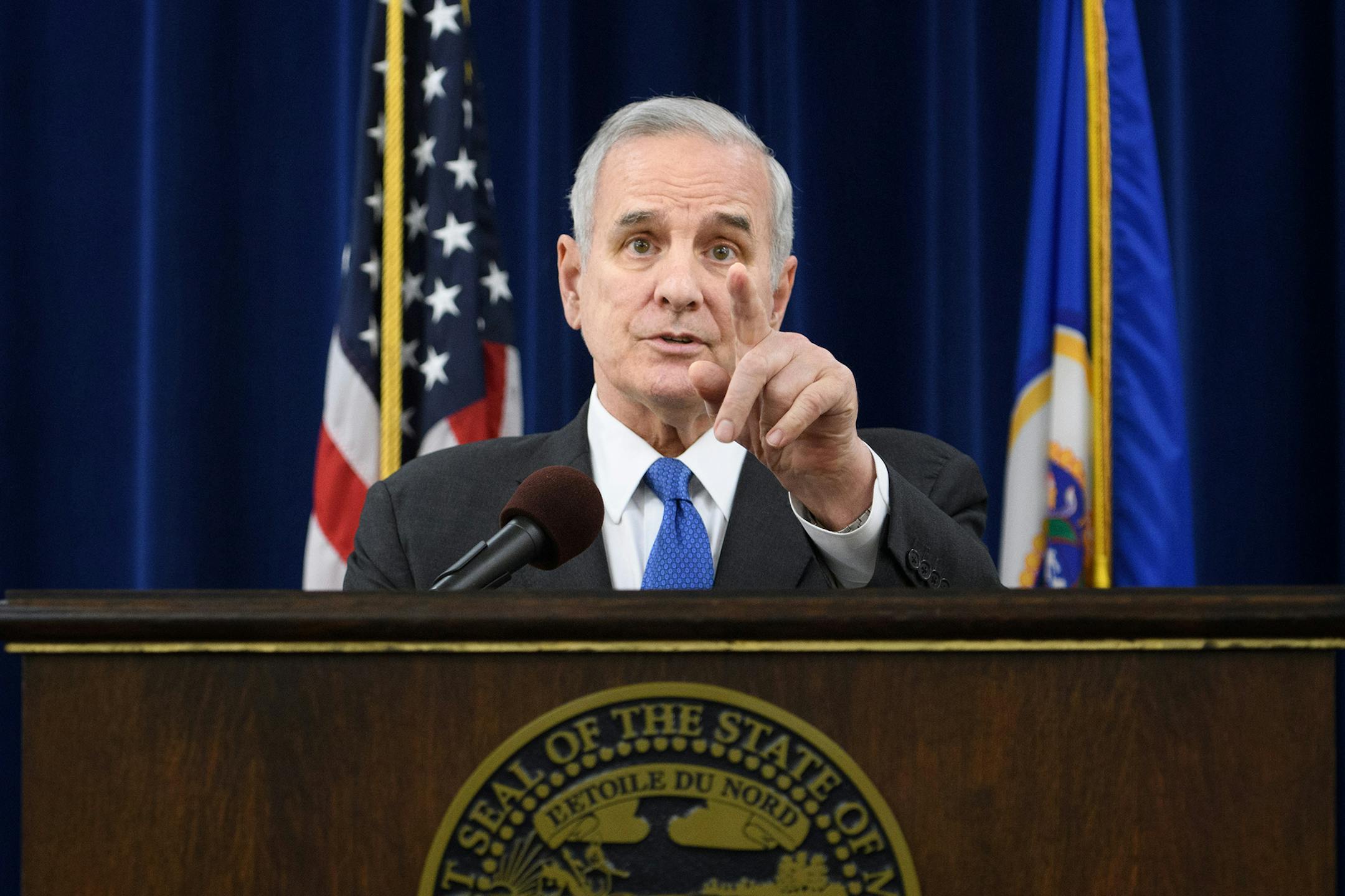 Gov. Mark Dayton addresses the legislature's failure to pass a bonding or transit bill, Monday, May 23, 2016. Dayton said he hasn't decided whether he's going to give state lawmakers a second chance to finish their work and fund both public works projects and road and bridge repairs that were left undone after the Legislature devolved into chaos in the final minutes of the session early Monday morning. (Glen Stubbe/The Daily Advertiser via AP) MANDATORY CREDIT; ST. PAUL PIONEER PRESS OUT; MAGS O