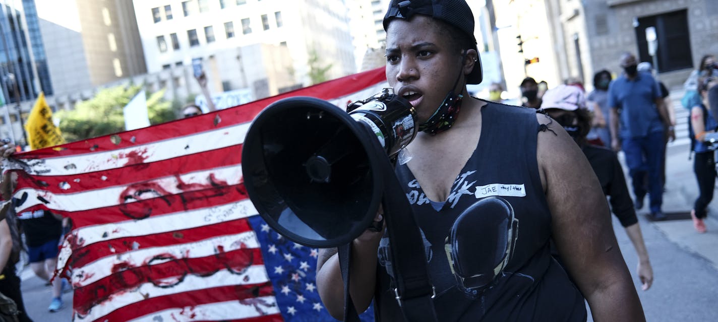 Protesters calling for racial justice and the removal of federal law enforcement from US cities, including Portland, marched through downtown Minneapolis Thursday night. ] aaron.lavinsky@startribune.com A rally, "Portland to Mpls: Protest Trump's Goons Attacking Our Movement," was held outside the federal courthouse on Thursday, July 23, 2020 in Minneapolis, Minn.