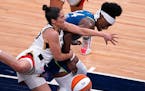Kelsey Plum of the Las Vegas Aces, scraping with Sylvia Fowles in a game this summer, has averaged 20.0 points over the last two games.