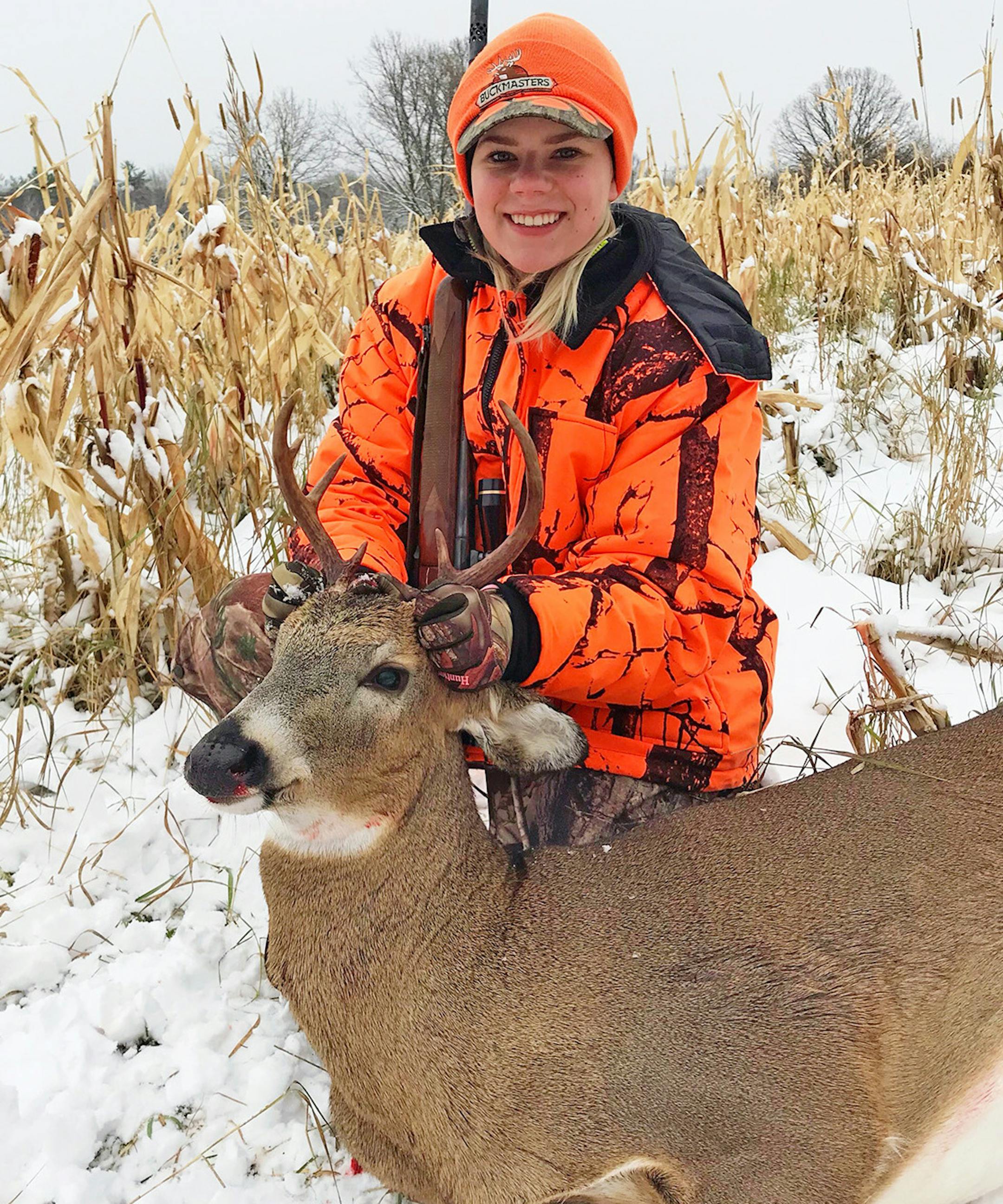 Madison Johnson from Onamia, Minn., harvested this nice seven point buck on the family farm on opening day of the Minnesota firearms season