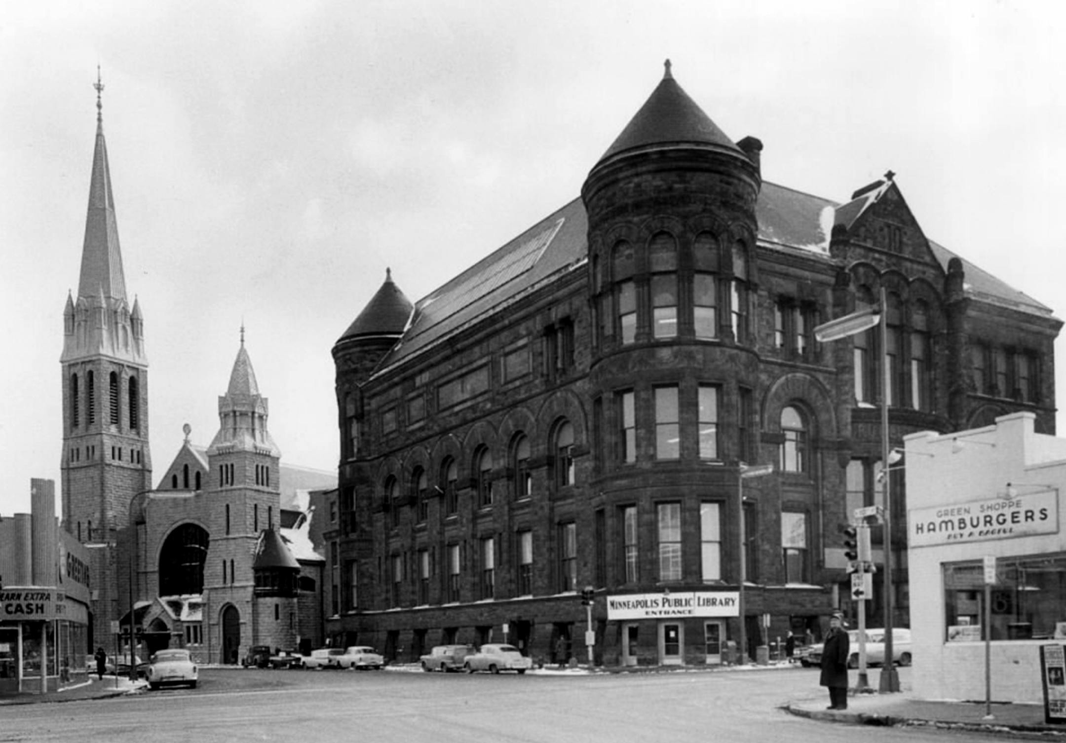 HENN4: Hennepin Avenue and 10th Street 1960: Minneapolis Public Library. The city’s first major civic building opened in 1889 and was designed by Long & Kees, the same architectural firm behind Minneapolis City Hall, the Lumber Exchange Building and the neighboring First Baptist Church. It was demolished in 1961 after being replaced by a new facility in the Gateway District urban renewal project.