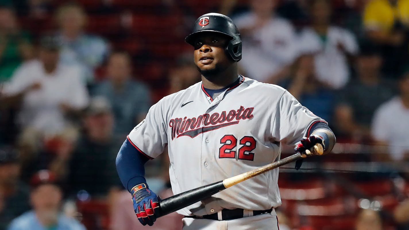 Minnesota Twins' Miguel Sano plays against the Boston Red Sox during the ninth inning of a baseball game, Tuesday, Aug. 24, 2021, in Boston. (AP Photo/Michael Dwyer)