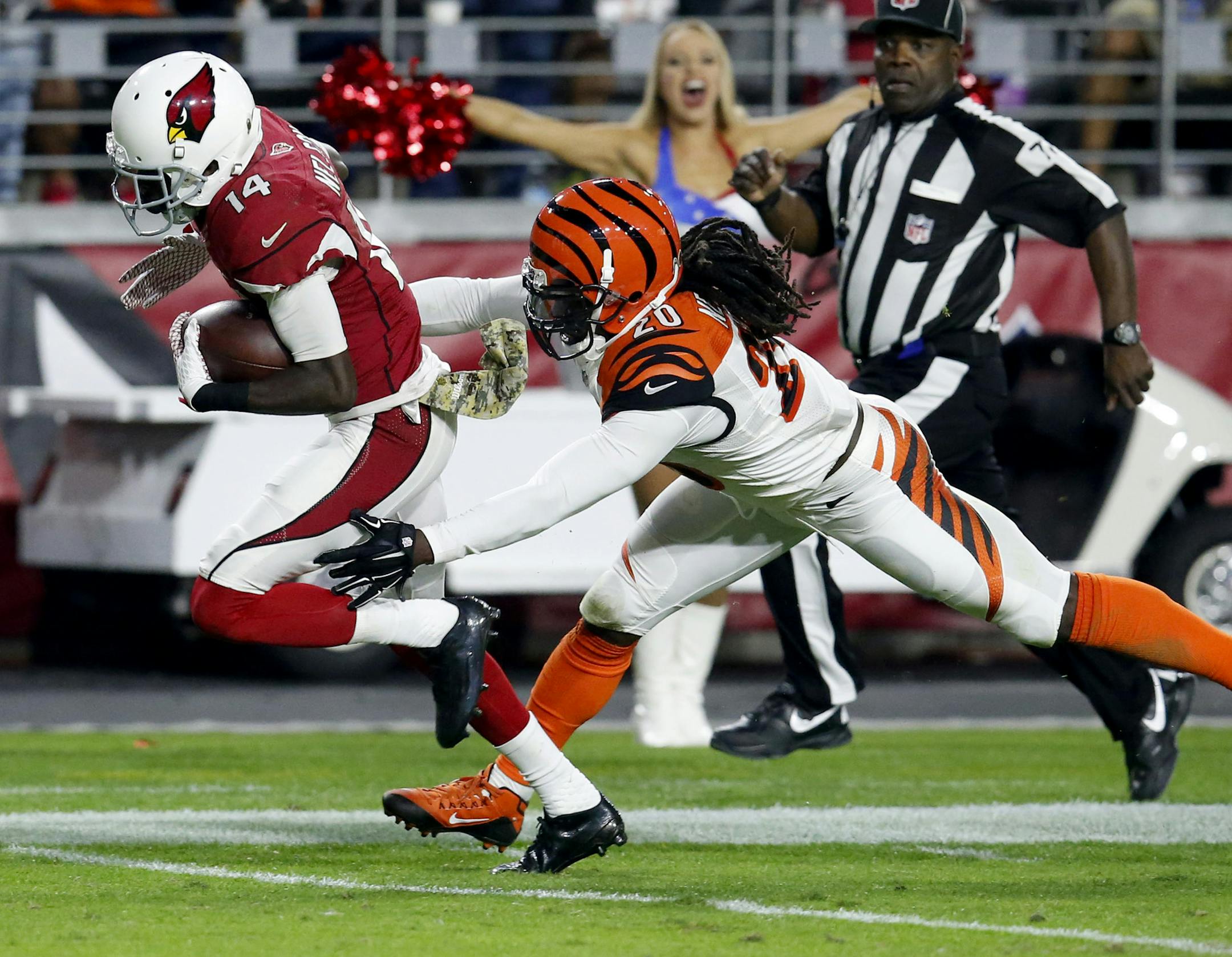 Arizona Cardinals wide receiver J.J. Nelson (14) makes a touchdown catch as Cincinnati Bengals free safety Reggie Nelson (20) defends during the second half of an NFL football game, Sunday, Nov. 22, 2015, in Glendale, Ariz. (AP Photo/Rick Scuteri)