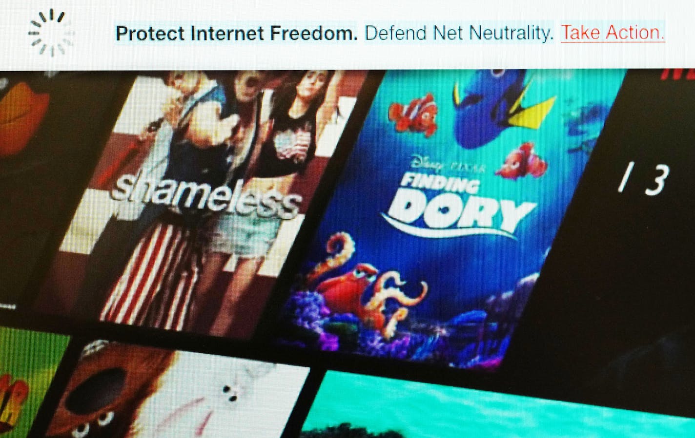 This image shows a banner, top, on the Netflix website defending net neutrality, Wednesday, July 12, 2017. On Wednesday, Netflix joined other tech firms and internet activists in an online show of support for net neutrality, the principle that bars internet service providers from playing favorites with websites and apps. (Netflix via AP) ORG XMIT: MIN2017082019555362