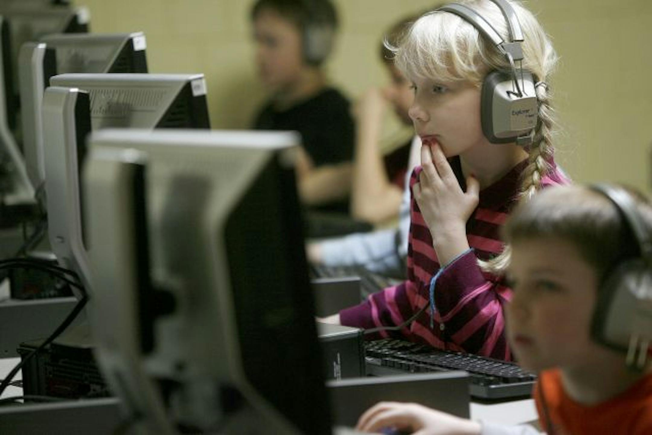 First-grader Annalise Johnson worked on an online math program called Planet Turtle. She and her classmates were independently working on math skill activities or competitively playing against one of their classmates on Planet Turtle world. Planet Turtle is a software program made by a textbook company that the Minnetonka kids are using in class.