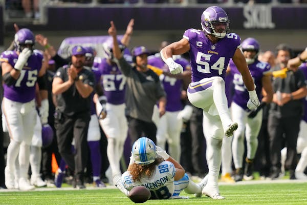 Vikings linebacker Eric Kendricks brought down Lions tight end T.J. Hockenson in the second quarter of Sunday’s game at U.S. Bank Stadium.
