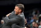 Timberwolves interim head coach Ryan Saunders greets Memphis Grizzlies coach J.B. Bickerstaff last month.