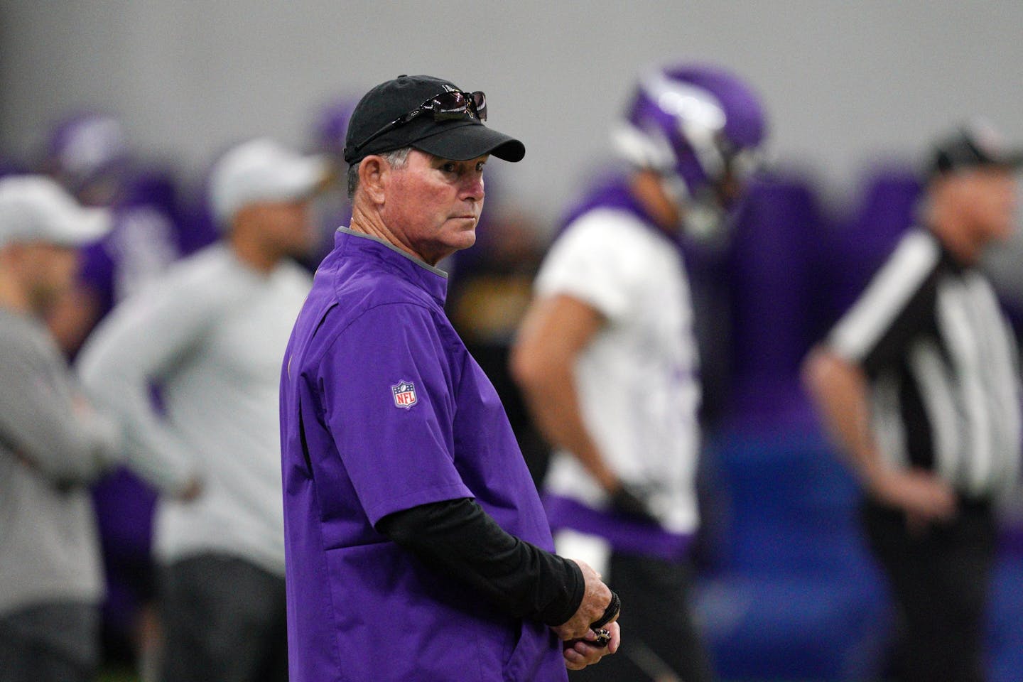 Vikings head coach Mike Zimmer watched his team work out during minicamp in June.