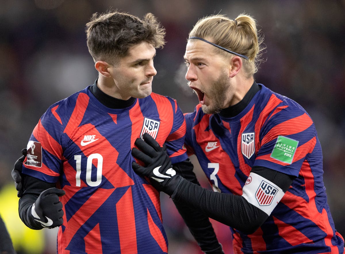 Walker Zimmerman, right, celebrating a U.S. goal with U.S. teammate Christian Pulisic on Feb. 2 at Allianz Field, returns to Allianz on Saturday with 