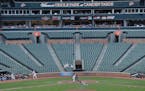 The Baltimore Orioles bat against the Chicago White Sox during a baseball game without fans Wednesday, April 29, 2015, in Baltimore. Due to security c