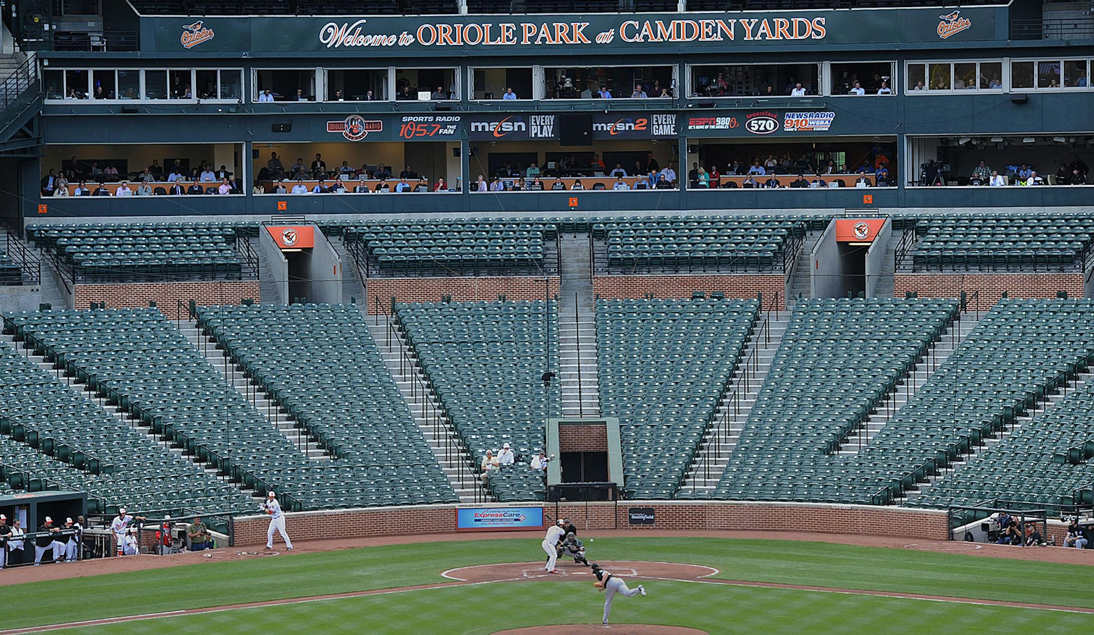 The Baltimore Orioles bat against the Chicago White Sox during a baseball game without fans Wednesday, April 29, 2015, in Baltimore. Due to security concerns the game was closed to the public. (AP Photo/Gail Burton) ORG XMIT: MIN2015043014561057