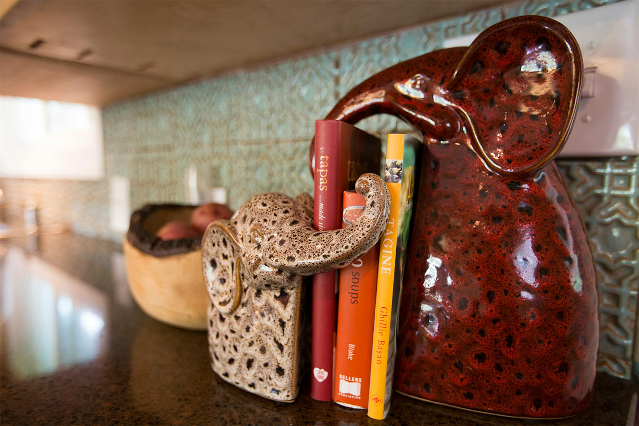 Elephant bookends and cookbooks in Jevetta Steele's kitchen.