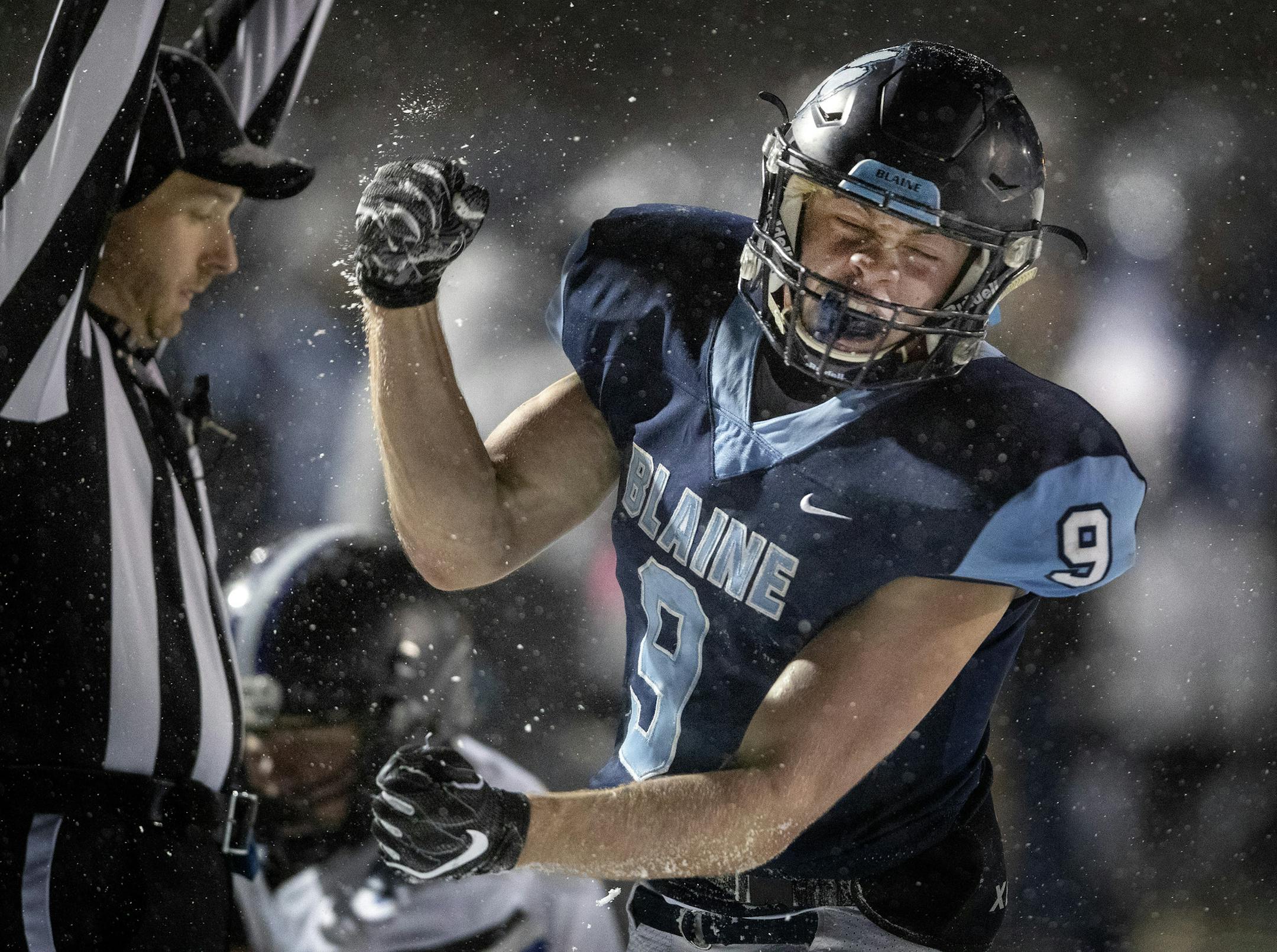 Will Fredrickson of Blaine reacted after a touchdown run in the second quarter against Eastview last Thursday at White Bear Lake High School, before the power went out in the third quarter, forcing the game to be suspended until the next day. Photo: CARLOS GONZALEZ ï cgonzalez@startribune.com