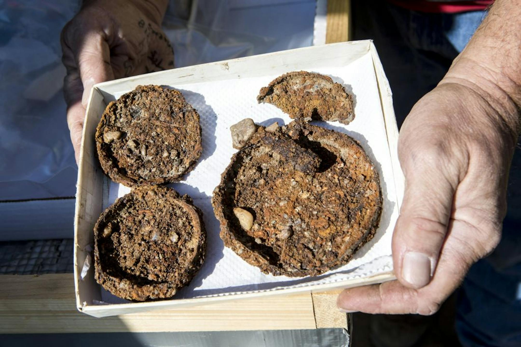 Parts of ration tins found while excavating a Civil War-era site in Fredericksburg, Va.
