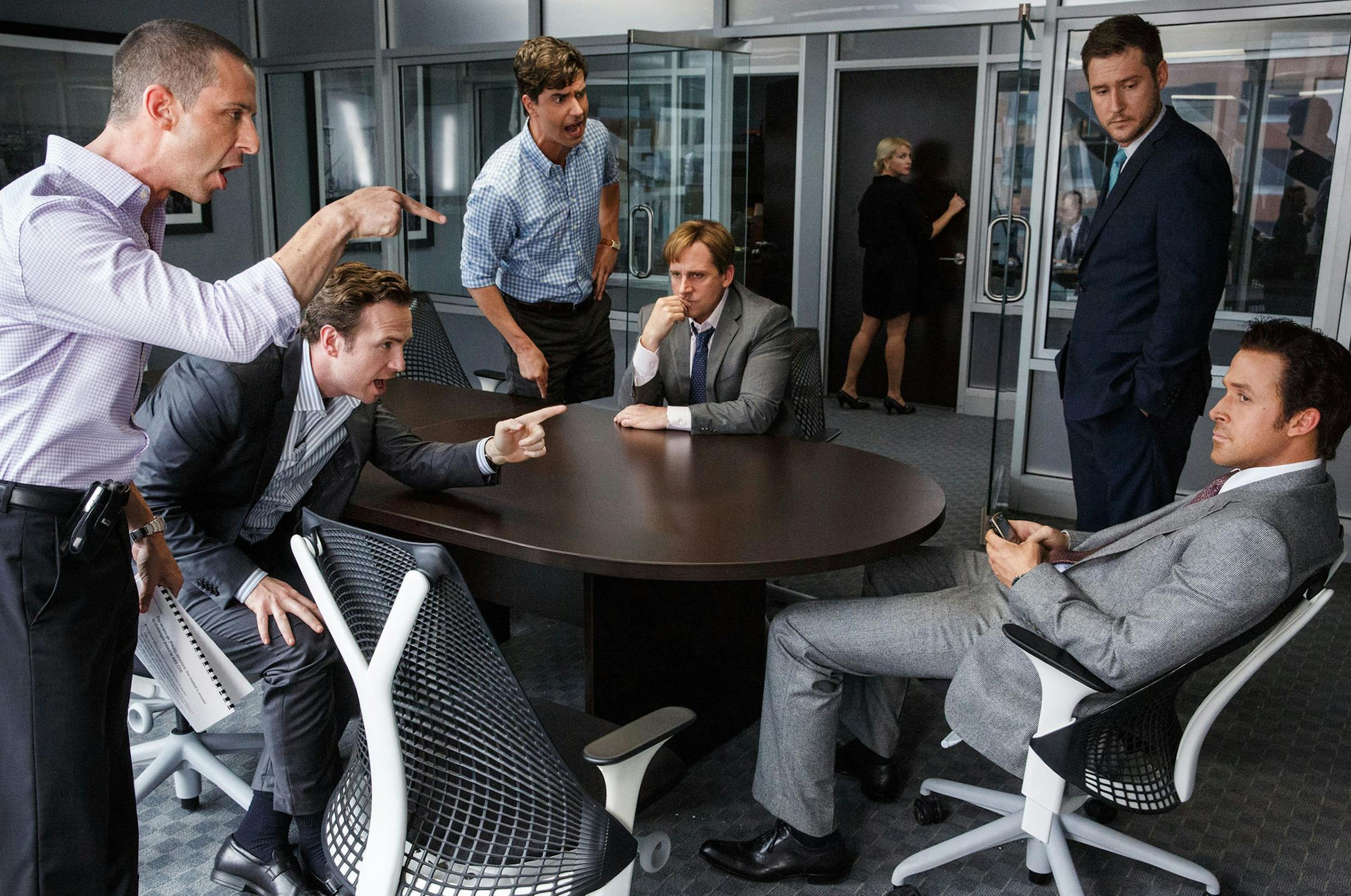 This photo provided by Paramount Pictures shows, Jeremy Strong, from left, as Vinny Peters, Rafe Spall as Danny Moses, Hamish Linklater as Porter Collins, Steve Carell as Mark Baum, Jeffry Griffin as Chris and Ryan Gosling as Jared Vennett, in the film, "The Big Short," from Paramount Pictures and Regency Enterprises. (Jaap Buitendijk/Paramount Pictures via AP) ORG XMIT: MIN2016010515053356