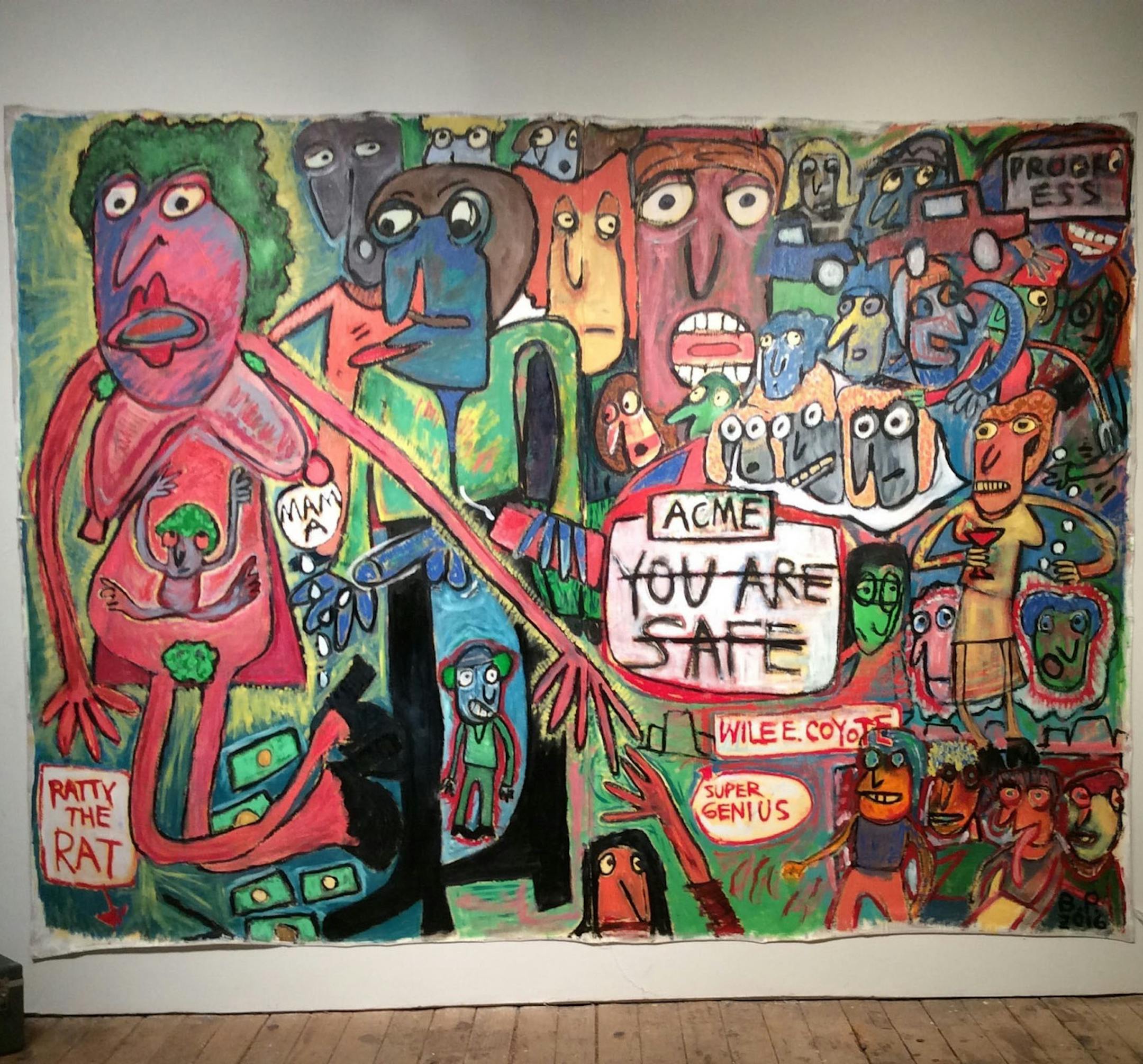 Mural by Bianca Pettis as part of "Some ASsembly Required" exhibit at Katherine E. Nash Gallery.