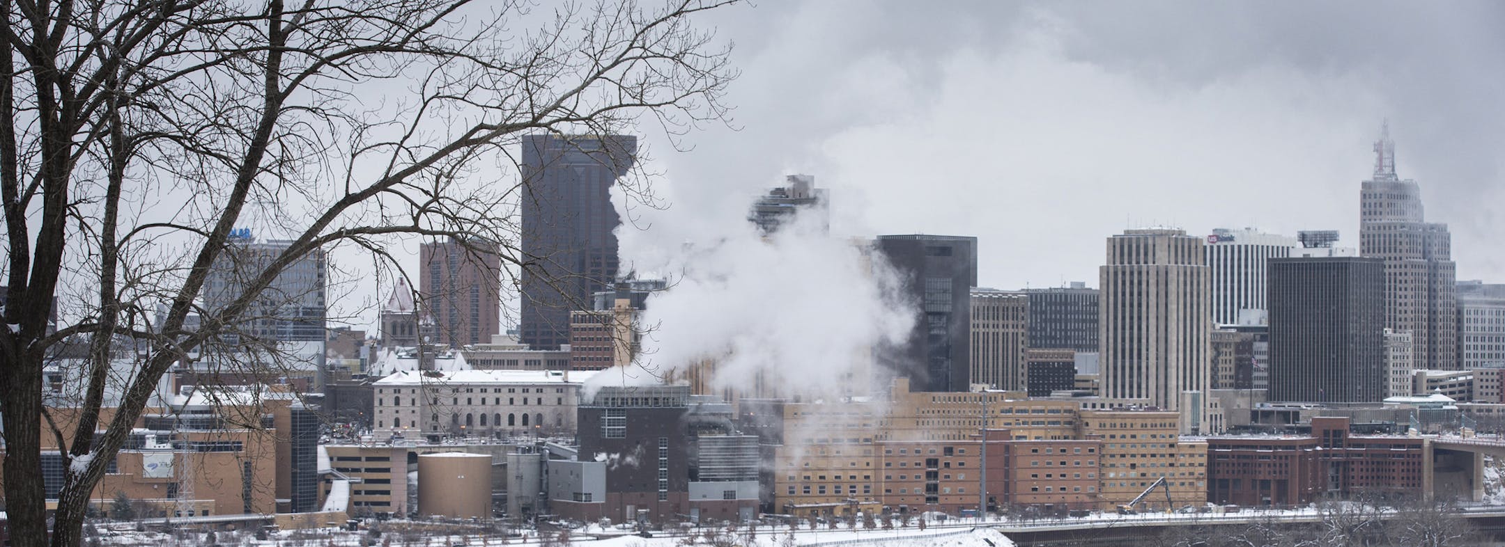 Tracy Noble walks on Cherokee Avenue during her lunch break from work with the skyline of St. Paul in the background on Tuesday, December 29, 2015. Noble just moved to the Twin Cities from Tennessee. "This is the first real snow, so I'm happy as can be," said Noble. ] (Leila Navidi/Star Tribune) leila.navidi@startribune.com BACKGROUND INFORMATION: The first big snowfall of the year fell overnight and continued into the morning, expecting to accumulate 6 to 9 inches by Tuesday afternoon.