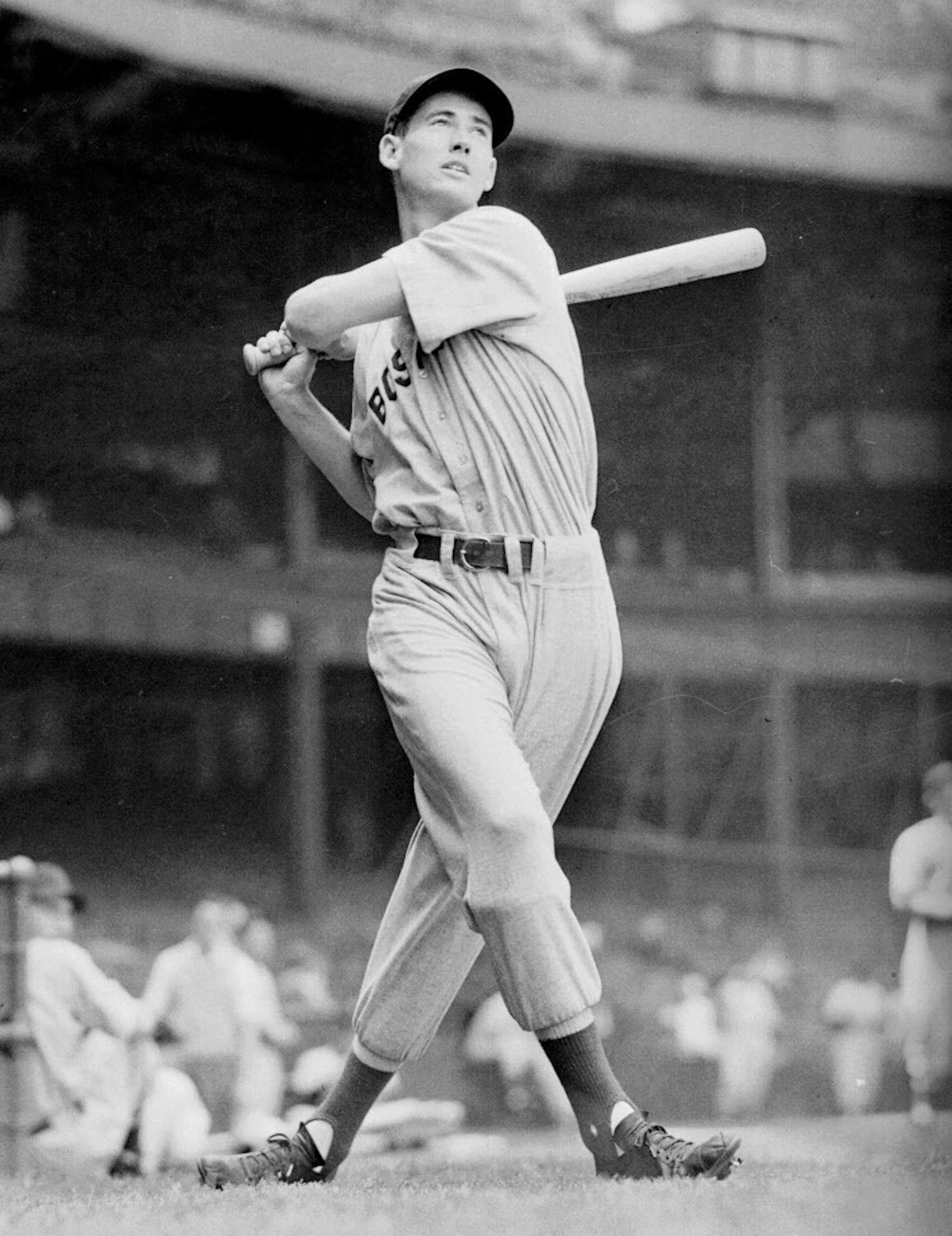 Ted Williams, slugging Boston Red Sox outfielder, is shown in a posed batting stance at Yankee Stadium in New York on May 23, 1941. Williams batted .344 in 1940, and would join the exclusive .400 club, hitting .406 in 1941. (AP Photo/Ted Sande) ORG XMIT: APHS193