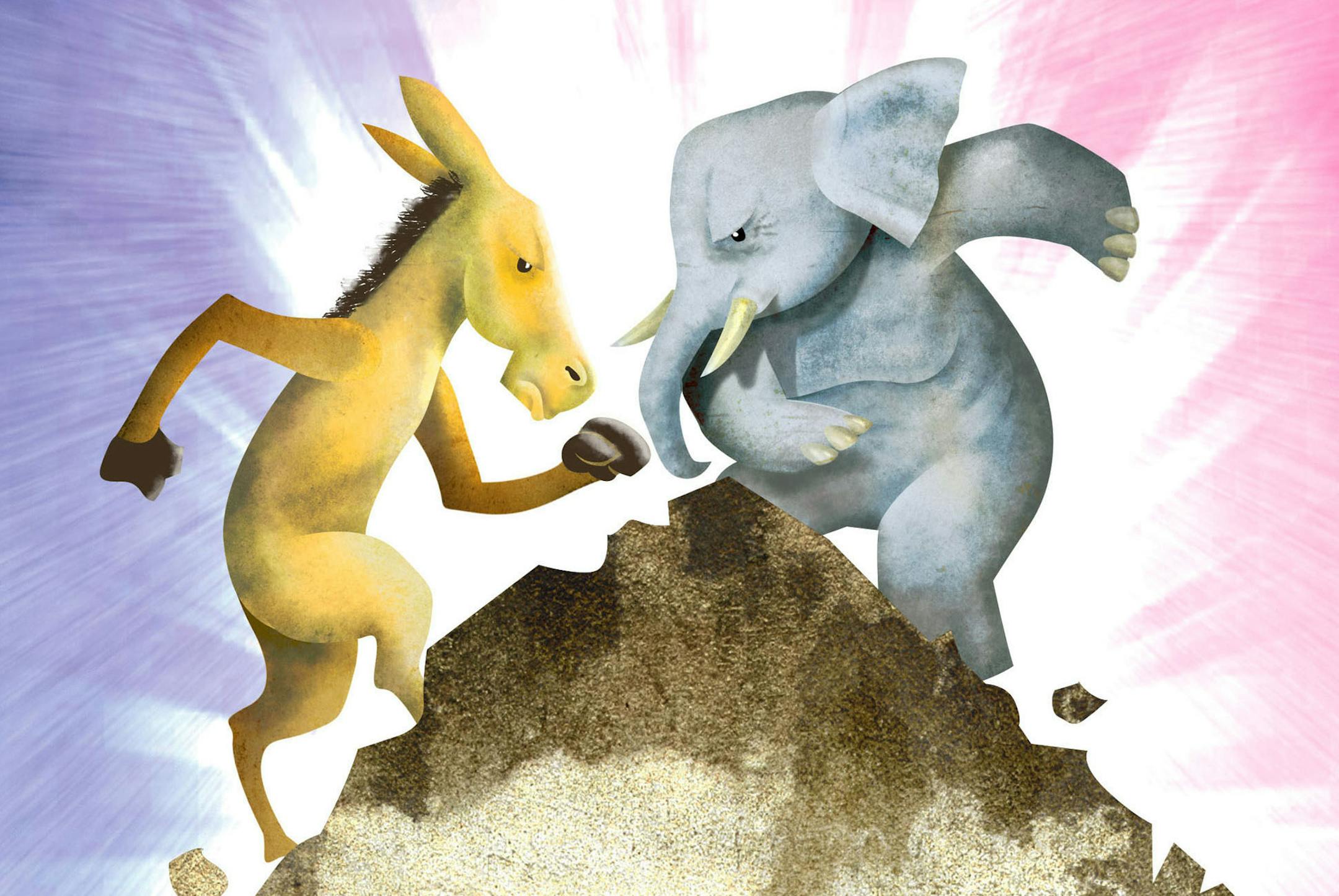 300 dpi Hector Casanova illustration of the Democrat donkey fighting it out with the Republican elephant on top of the so called "fiscal cliff." The Kansas City Star 2012<p> 04000000; 11000000; FIN; krtbusiness business; krtgovernment government; krtnational national; krtpolitics politics; POL; 2012; krt2012; mctillustration; 04008004; 04008008; 04017000; government debt; krteconindicator economic indicator; krteconomy economy; krtintlbusiness; krtmacroecon macroeconomics macro economics; krtnam