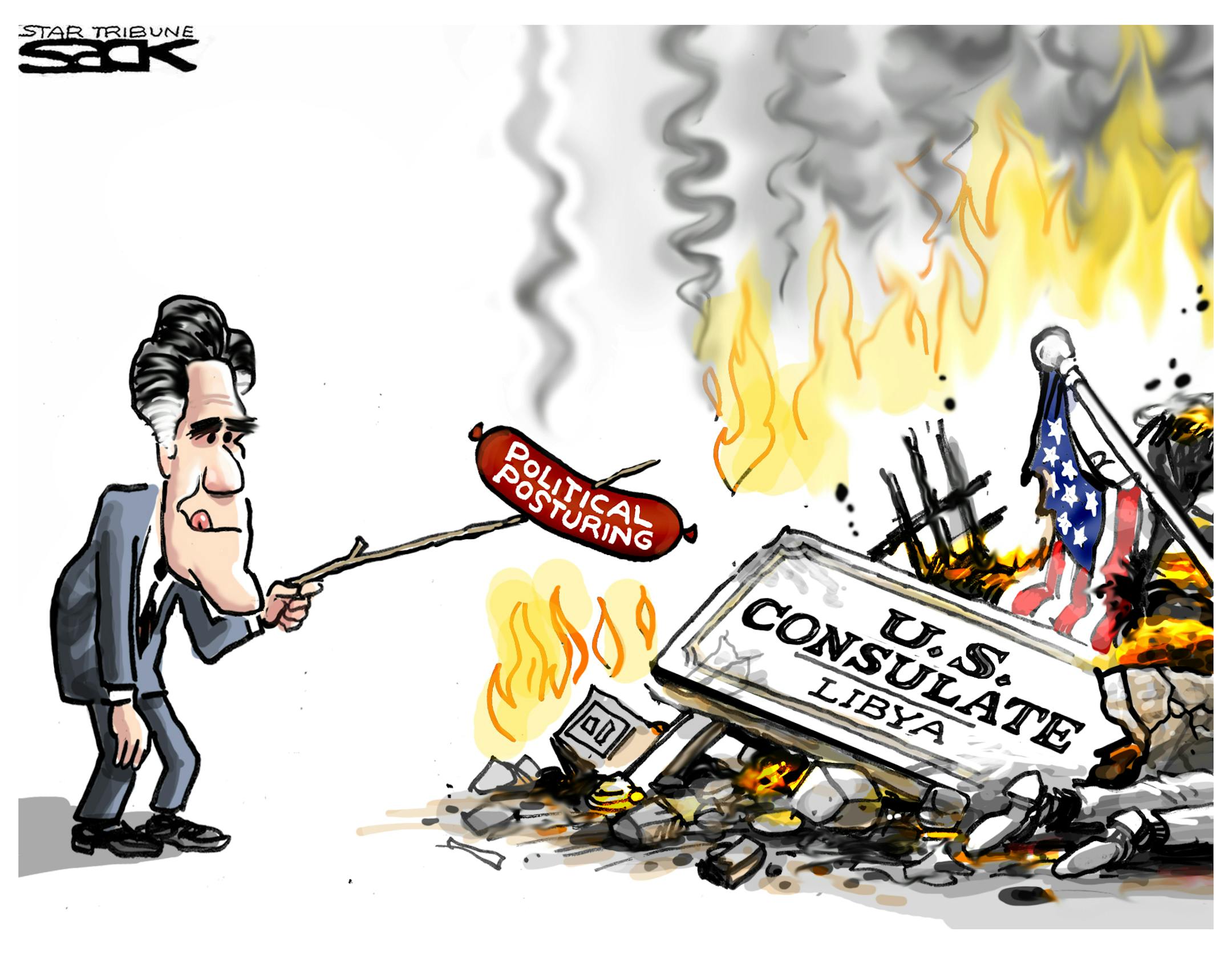 Steve Sack editorial cartoon for Sept. 13, 2012. Topic: Mitt Romney's statements after U.S. Ambassador to Libya and three other U.S. officials were killed.