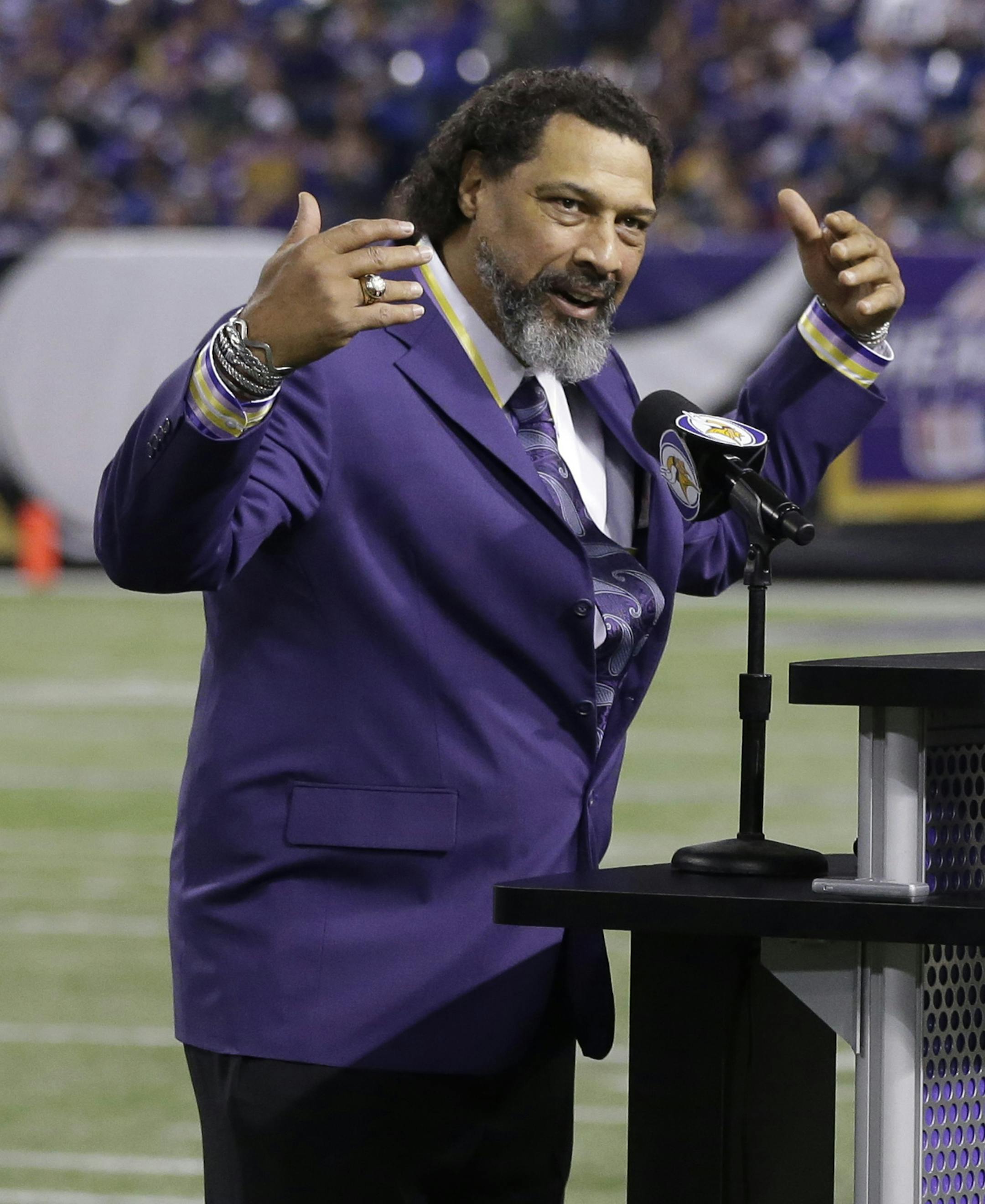 Former Vikings safety Joey Browner talks after receiving the ring of honor during the halftime an NFL football game between the Minnesota Vikings and the Green Bay Packers, Sunday, Oct. 27, 2013, in Minneapolis. (AP Photo/Jim Mone) ORG XMIT: MPD144