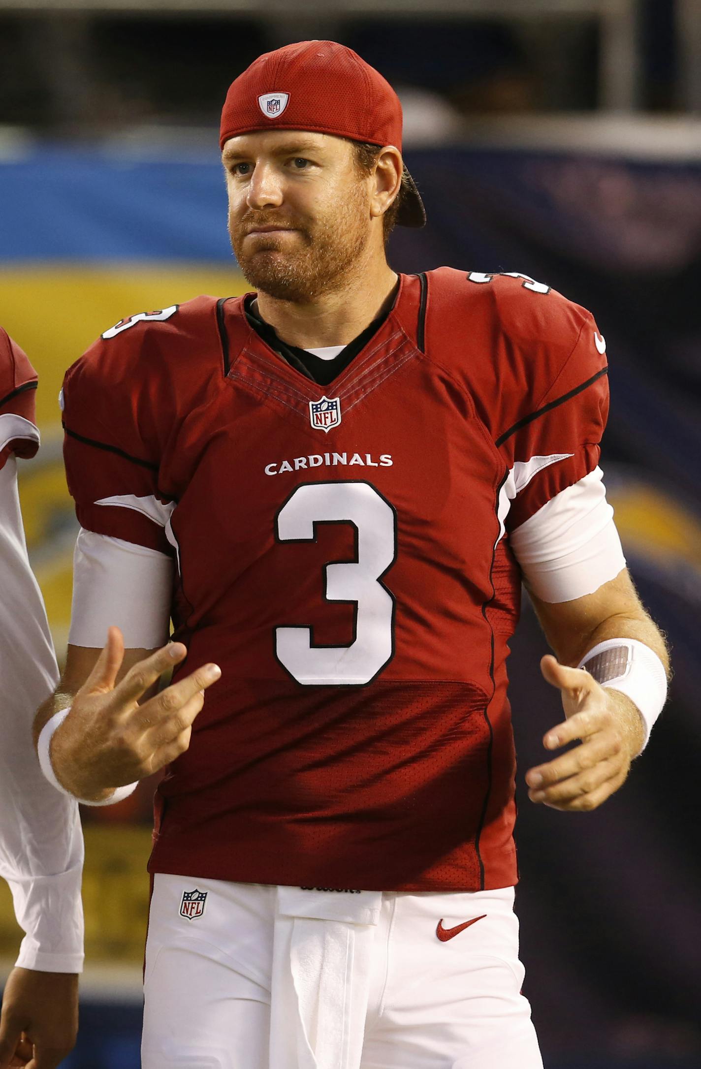 Arizona Cardinals wide receiver Michael Floyd (15) and Carson Palmer (3) during a preseason NFL football game against the San Diego Chargers, Friday, Aug. 19, 2016, in San Diego. (AP Photo/Rick Scuteri) ORG XMIT: MIN2016083021384550