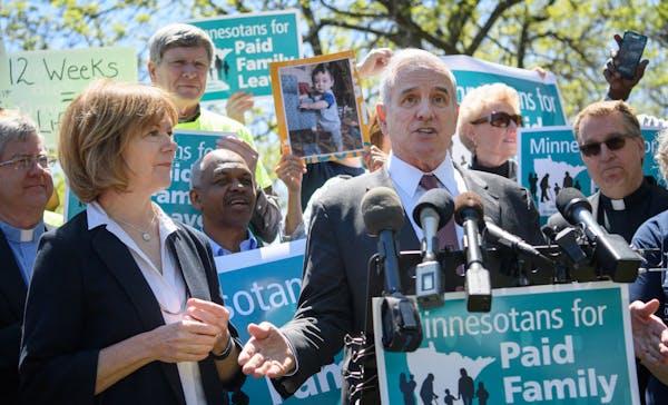 Governor Dayton and Lt. governor Tina Smith spoke at a Paid Family and Medical Leave insurance program rally. ] GLEN STUBBE * gstubbe@startribune.com 